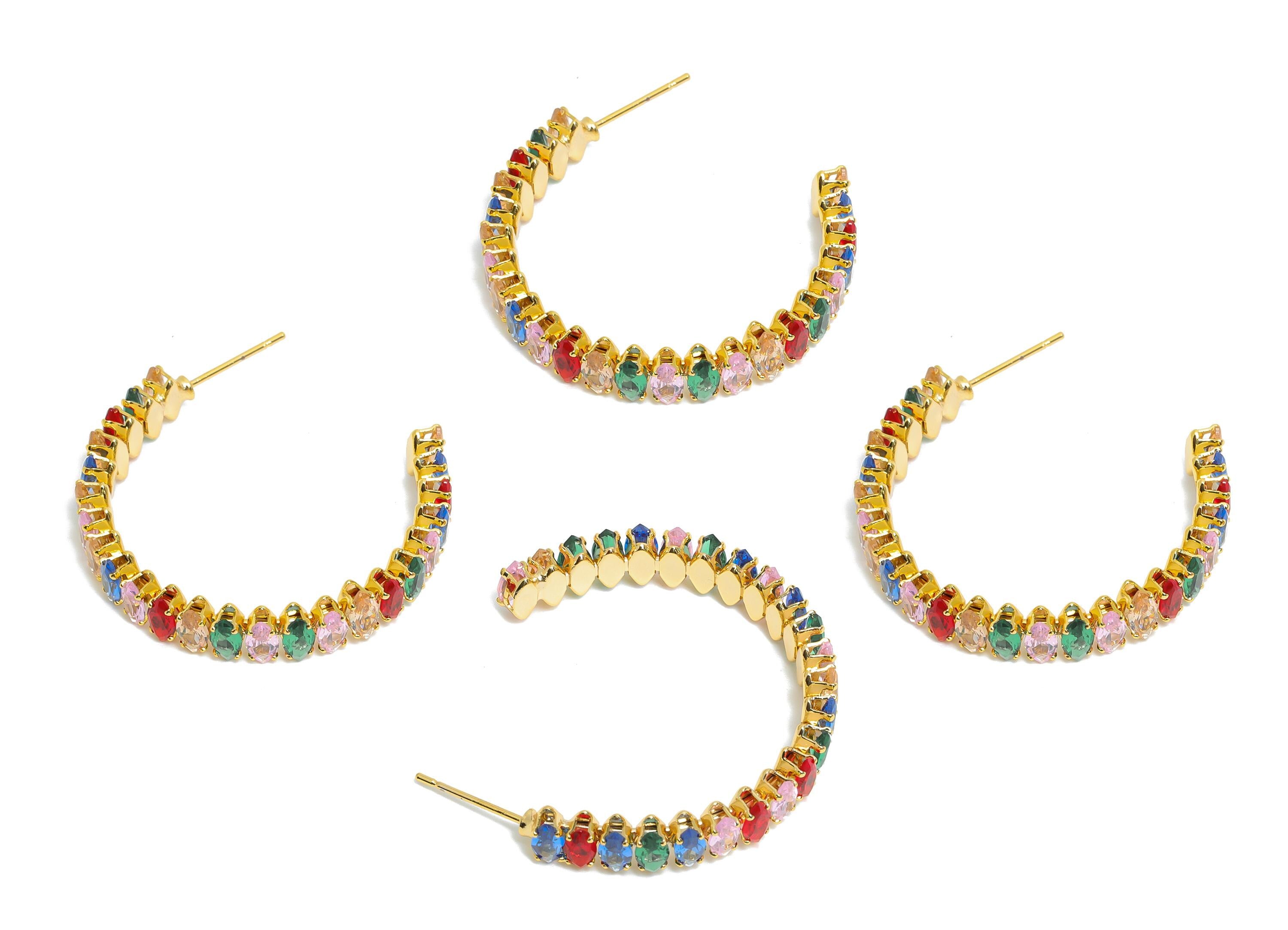Sparkling C Hoop Post - Inlay Rainbow Marquise Glass Earring Stud - Gold Brass Open C Post - 18K Real Gold Plated - 33.6x28x6mm - RGP9944 - DOMEDBAZAAR