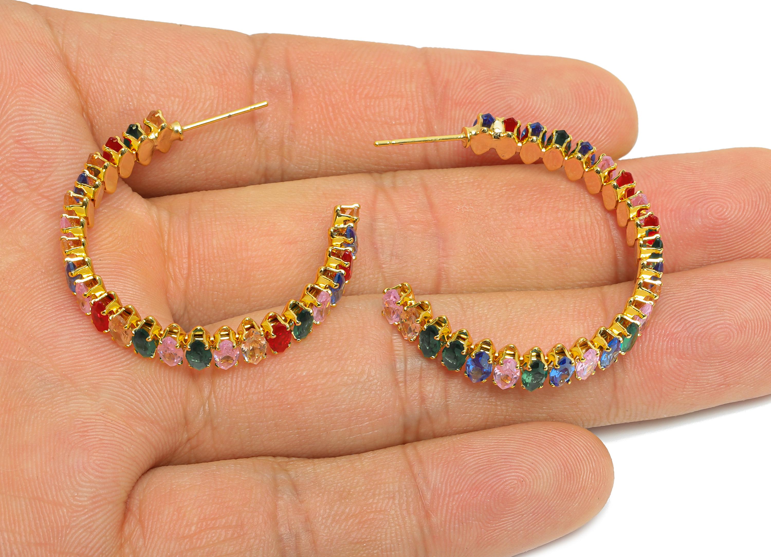 Sparkling C Hoop Post - Inlay Rainbow Marquise Glass Earring Stud - Gold Brass Open C Post - 18K Real Gold Plated - 33.6x28x6mm - RGP9944 - DOMEDBAZAAR
