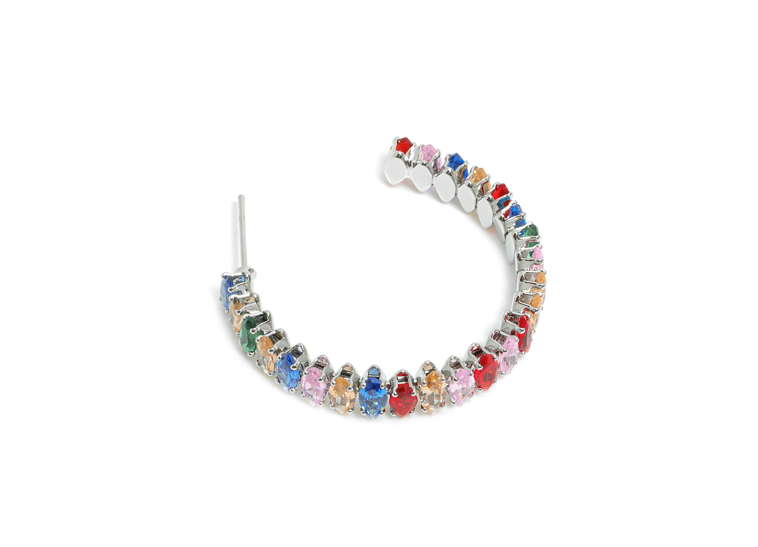 Sparkling C Hoop Post - Inlay Rainbow Marquise Glass Earring Stud - Silver Brass Open C Post - 18K White Gold Plated - 33.6x28x6mm -RGP9944S - DOMEDBAZAAR