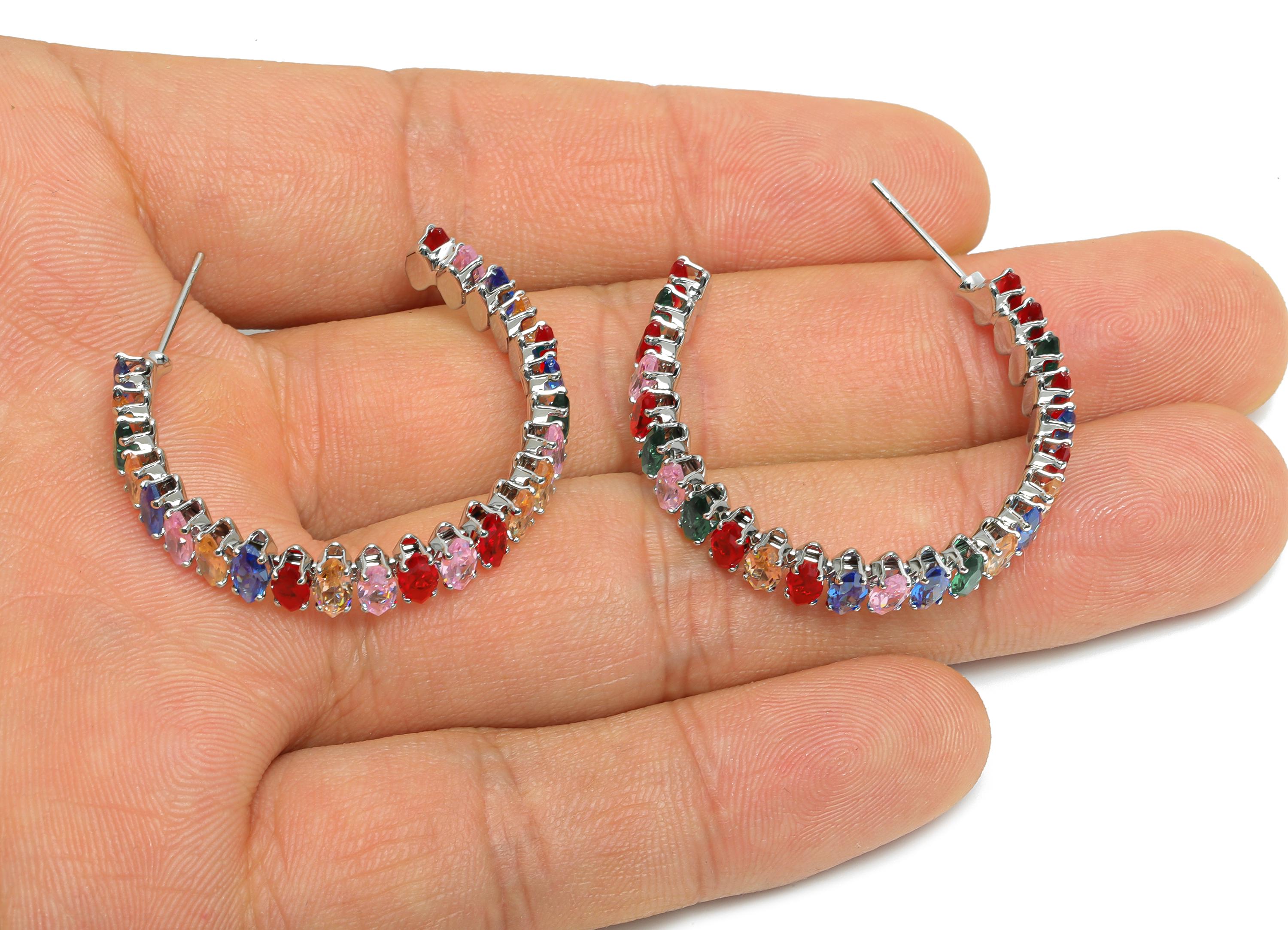 Sparkling C Hoop Post - Inlay Rainbow Marquise Glass Earring Stud - Silver Brass Open C Post - 18K White Gold Plated - 33.6x28x6mm -RGP9944S - DOMEDBAZAAR
