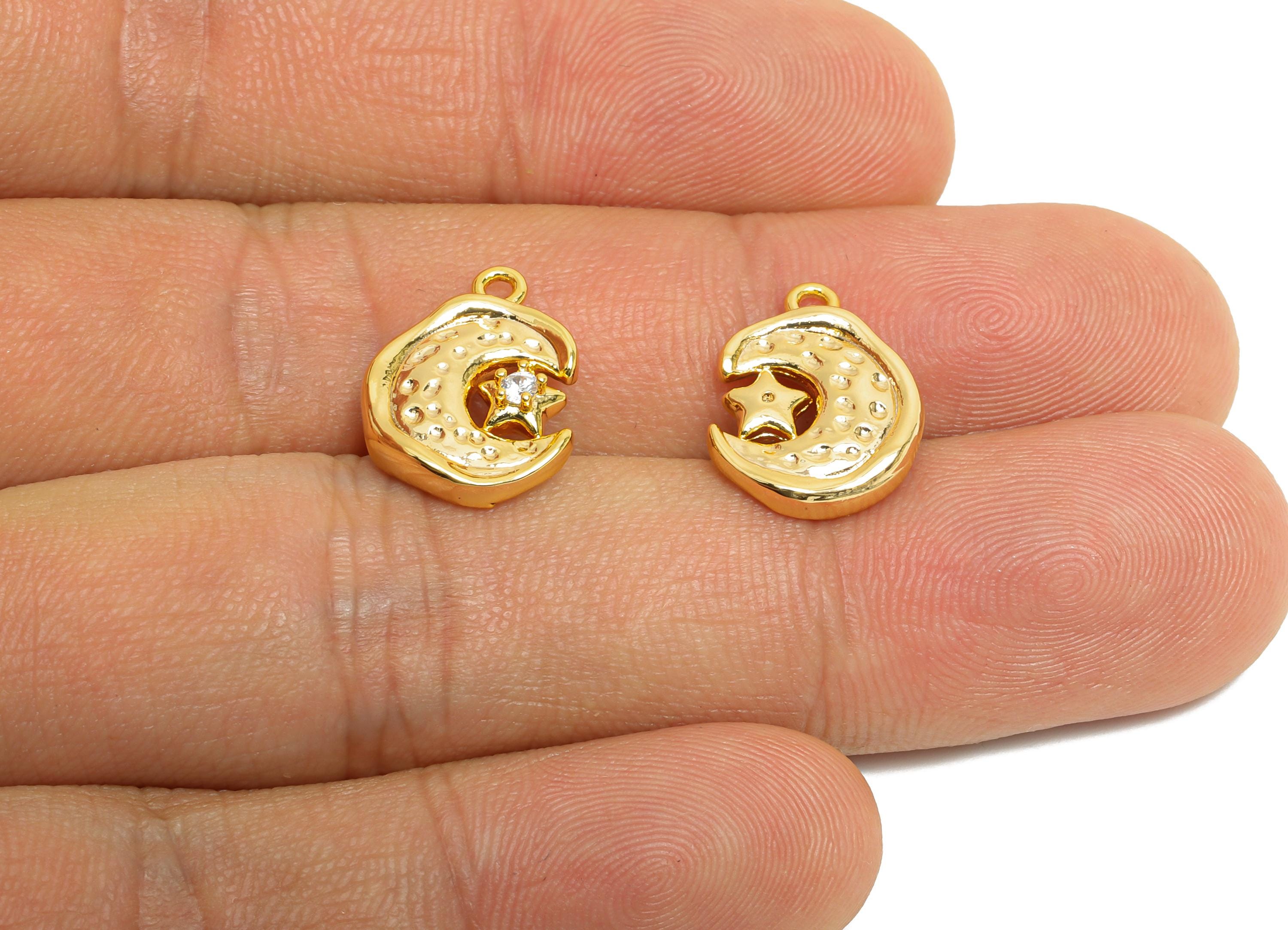 Brass Crescent Pendant - Sparkling Zircon Moon Star Charm - Textured Hammered Jewelry - 18K Real Gold Plated Brass - 15.58x12x3.2mm -RGP9922 - DOMEDBAZAAR