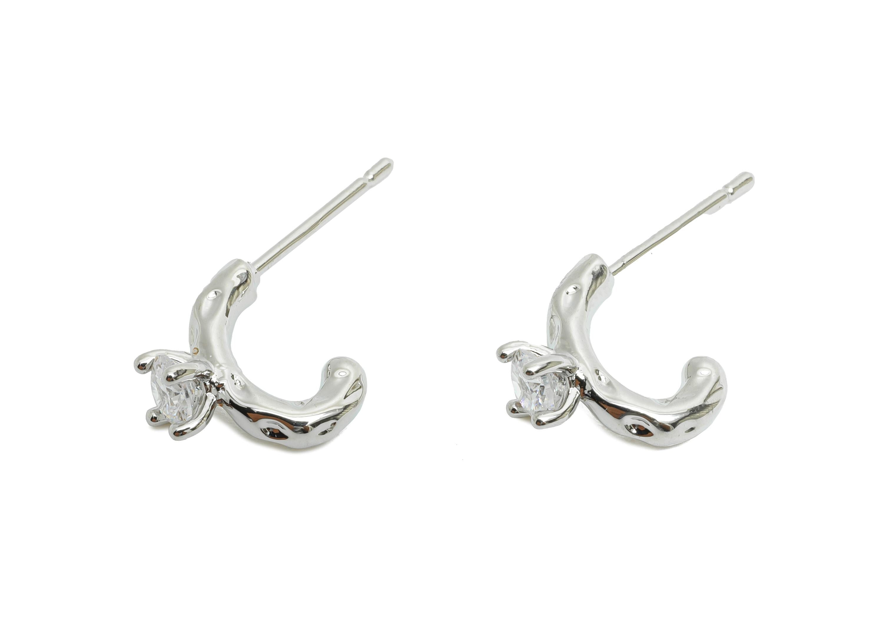 Brass C Hoop Stud Earring - Textured Arc CZ Earring Post - Silver Curved C Hoop Post for Women - 18K White Gold Plated - 11x10x5mm -RGP9916S - DOMEDBAZAAR