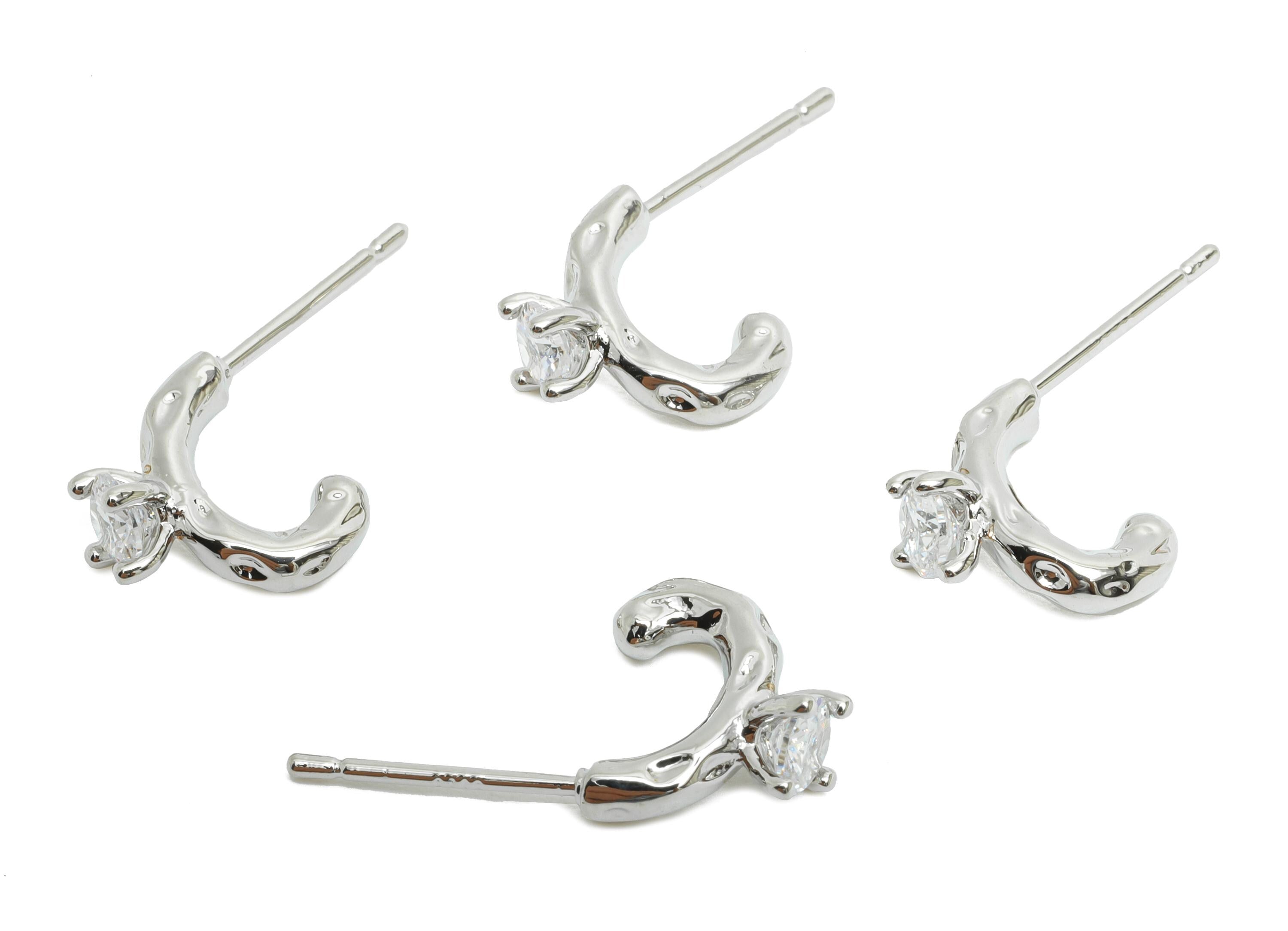 Brass C Hoop Stud Earring - Textured Arc CZ Earring Post - Silver Curved C Hoop Post for Women - 18K White Gold Plated - 11x10x5mm -RGP9916S - DOMEDBAZAAR