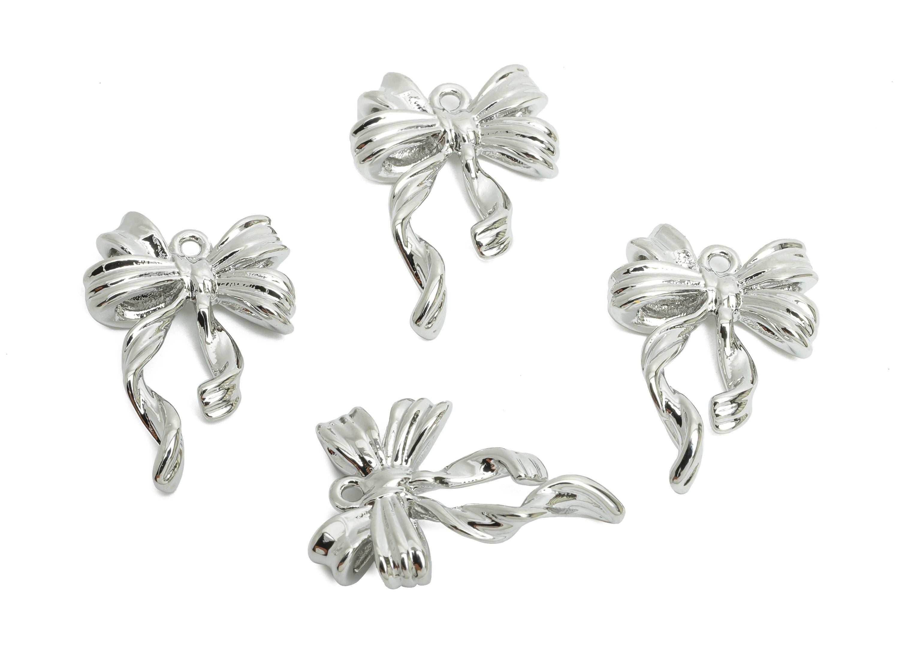 Brass Bowtie Earring Charm - Dainty Silver Bowtie Pendant for Necklace - Refined Jewelry - 18K White Gold Plated -19.7x13.6x3.7mm -RGP9905S - DOMEDBAZAAR