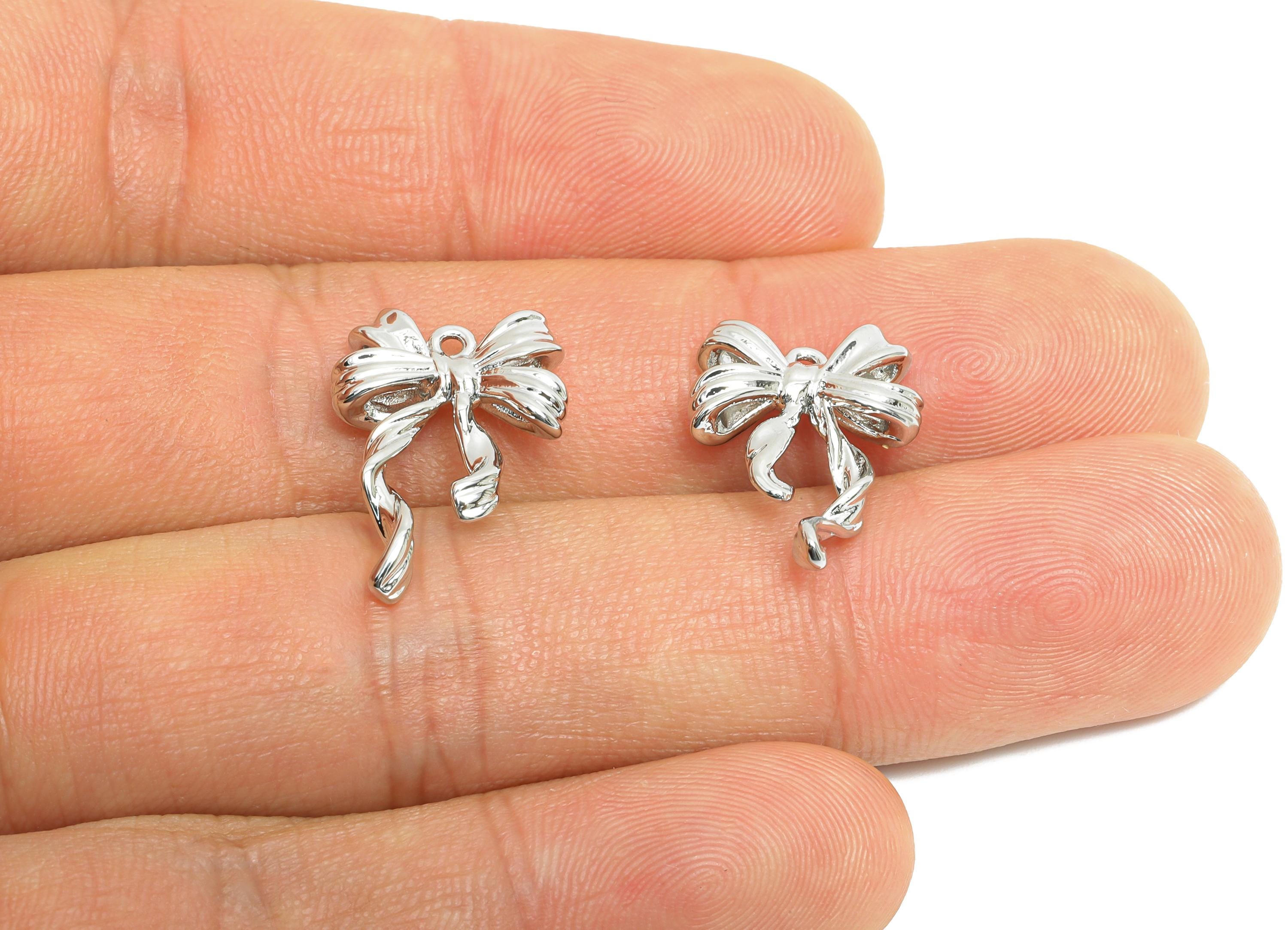 Brass Bowtie Earring Charm - Dainty Silver Bowtie Pendant for Necklace - Refined Jewelry - 18K White Gold Plated -19.7x13.6x3.7mm -RGP9905S - DOMEDBAZAAR