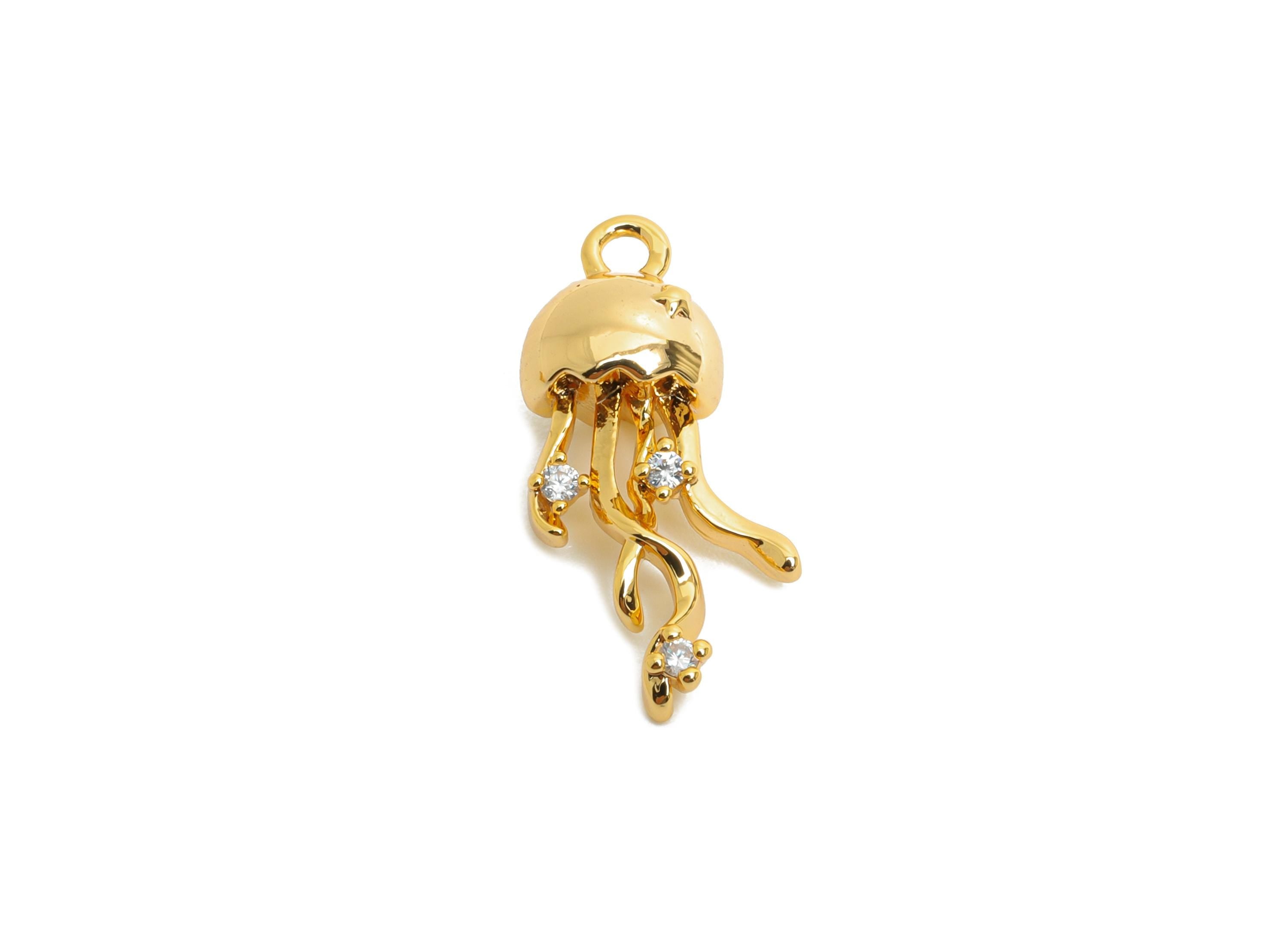 Brass Jellyfish Earring Charm - Gold CZ Jellyfish Pendant for Necklace - Refined Marine Jewelry - 18K Real Gold Plated - 17.5x8x6mm -RGP9925 - DOMEDBAZAAR