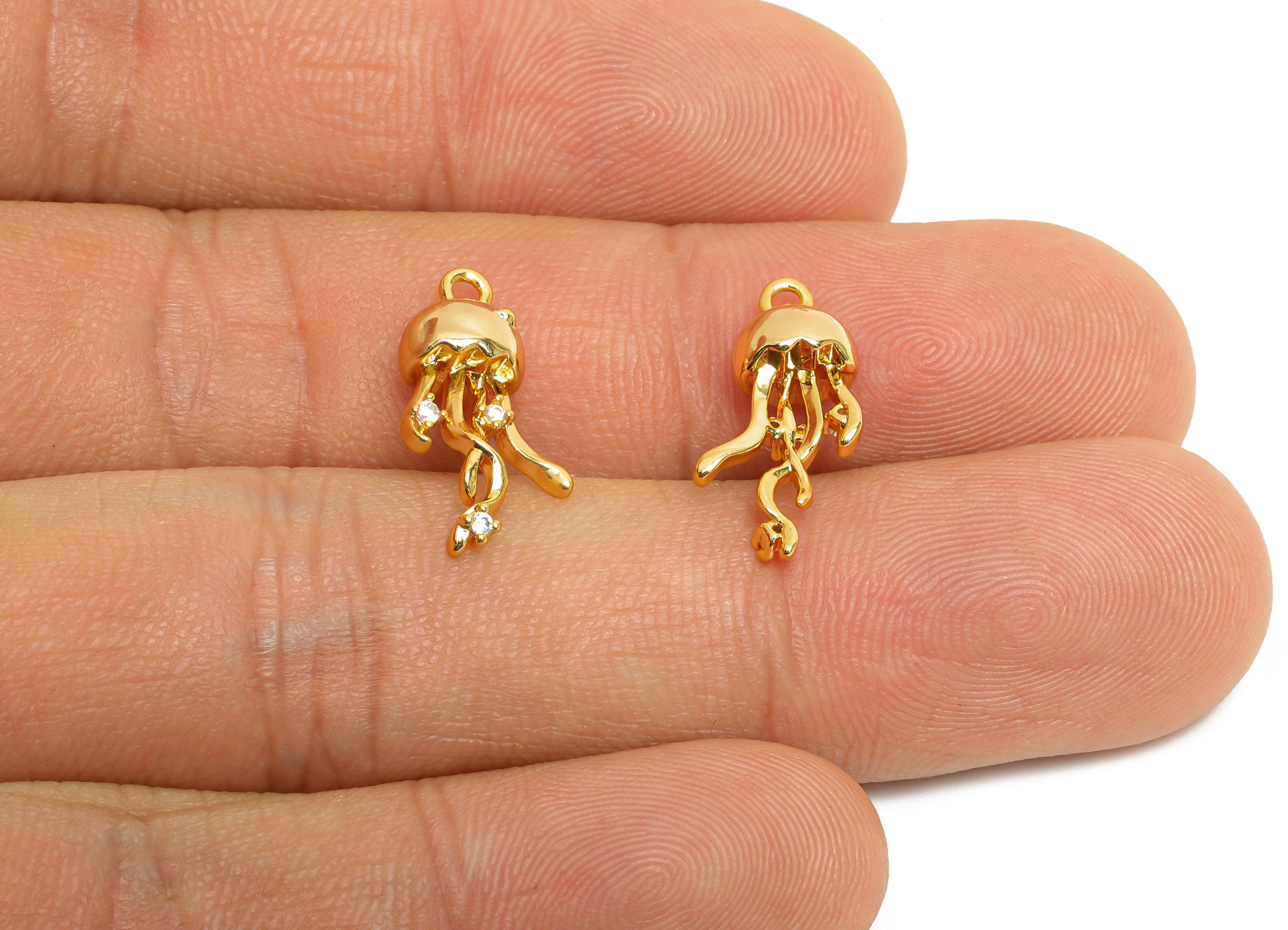 Brass Jellyfish Earring Charm - Gold CZ Jellyfish Pendant for Necklace - Refined Marine Jewelry - 18K Real Gold Plated - 17.5x8x6mm -RGP9925 - DOMEDBAZAAR