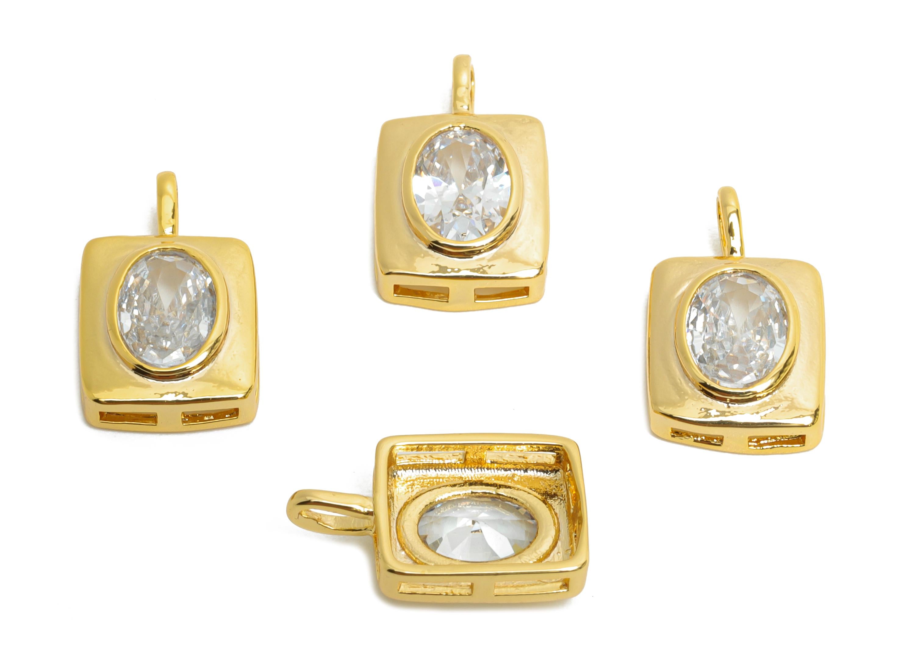 Brass CZ Rectangle Pendant - Gold Oval Zircon Pendant for Necklace - Minimalism Jewelry DIY - 18K Real Gold Plated - 14.2x9x3.2mm -RGP9913 - DOMEDBAZAAR