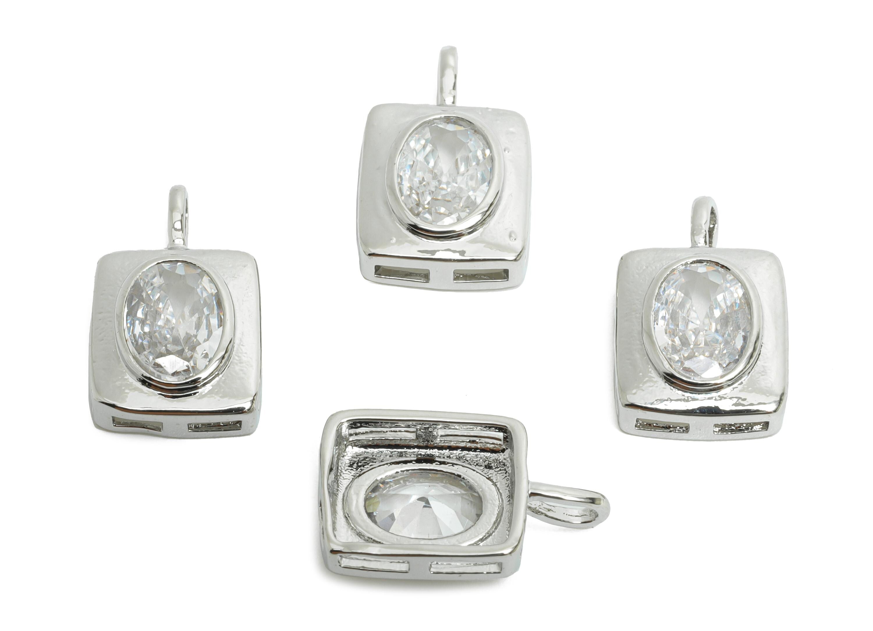 Brass CZ Rectangle Pendant - Silver Oval Zircon Pendant for Necklace - Minimalism Jewelry DIY -18K White Gold Plated -14.2x9x3.2mm-RGP9913S - DOMEDBAZAAR
