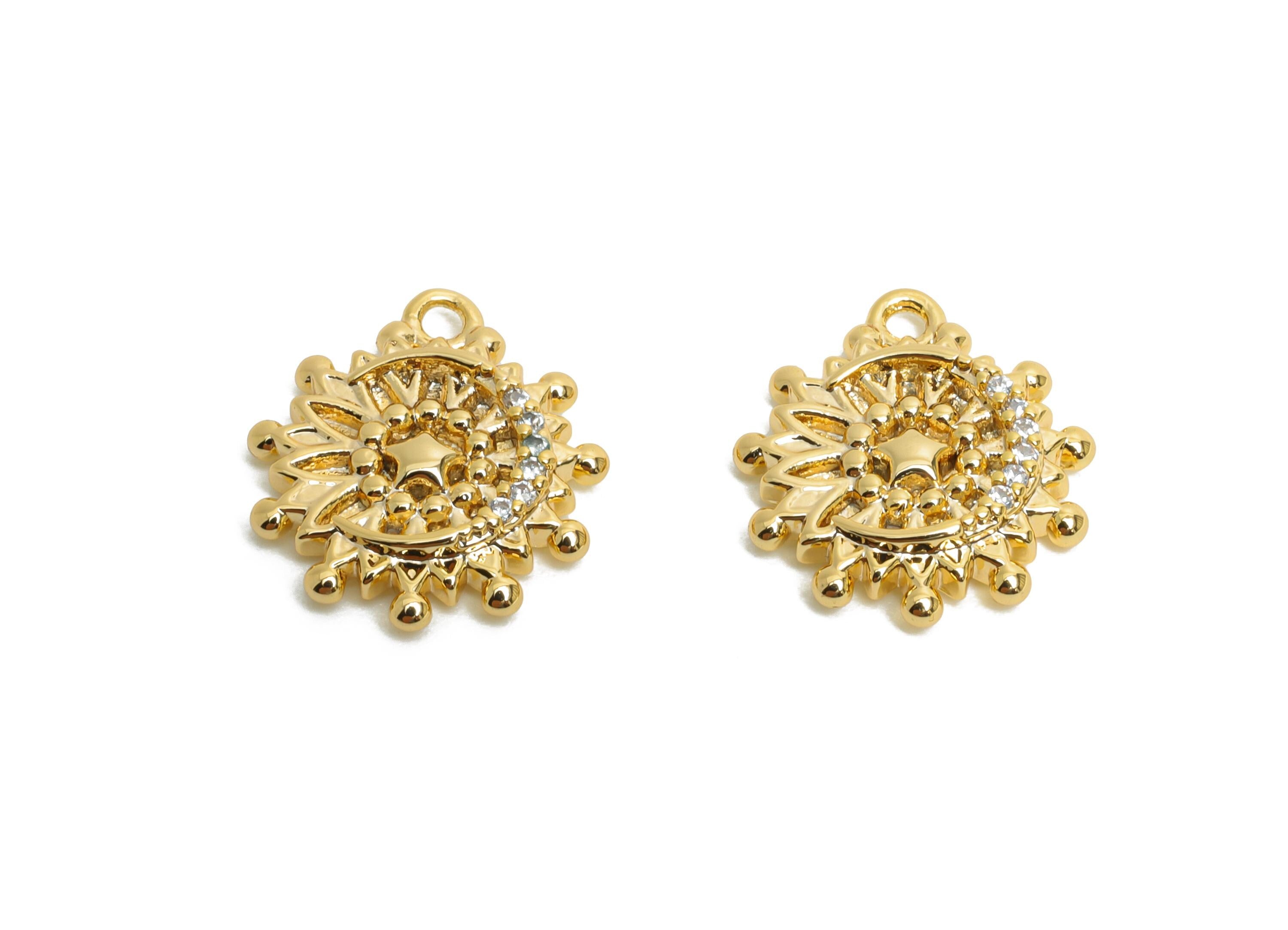 Brass CZ Sunflower Earring Charm - Gold Zircon Moon Star Pendant for Necklace - Chic Jewelry - 18K Real Gold Plated - 14x12.4x2.5mm -RGP9904 - DOMEDBAZAAR