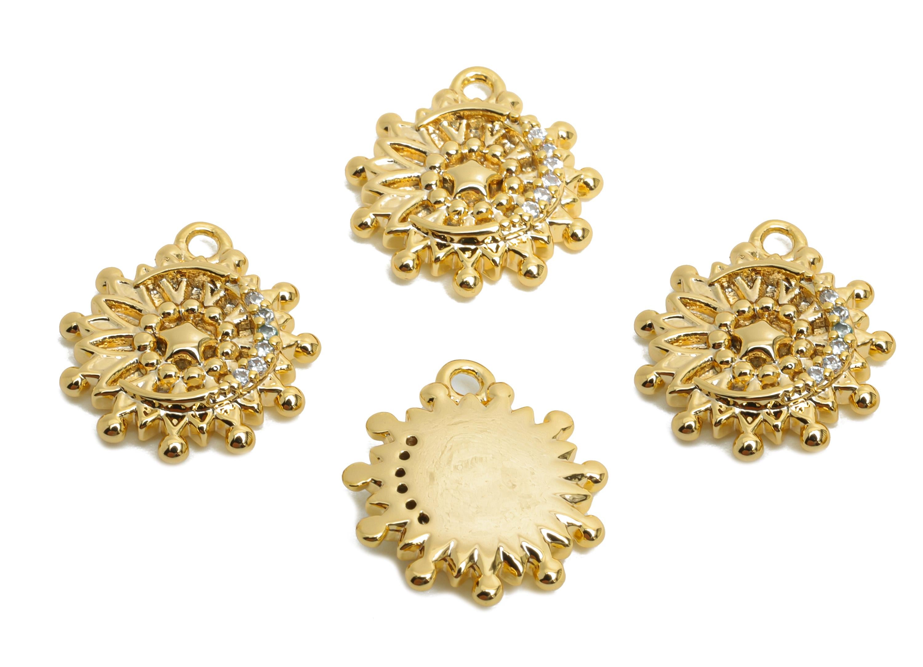 Brass CZ Sunflower Earring Charm - Gold Zircon Moon Star Pendant for Necklace - Chic Jewelry - 18K Real Gold Plated - 14x12.4x2.5mm -RGP9904 - DOMEDBAZAAR