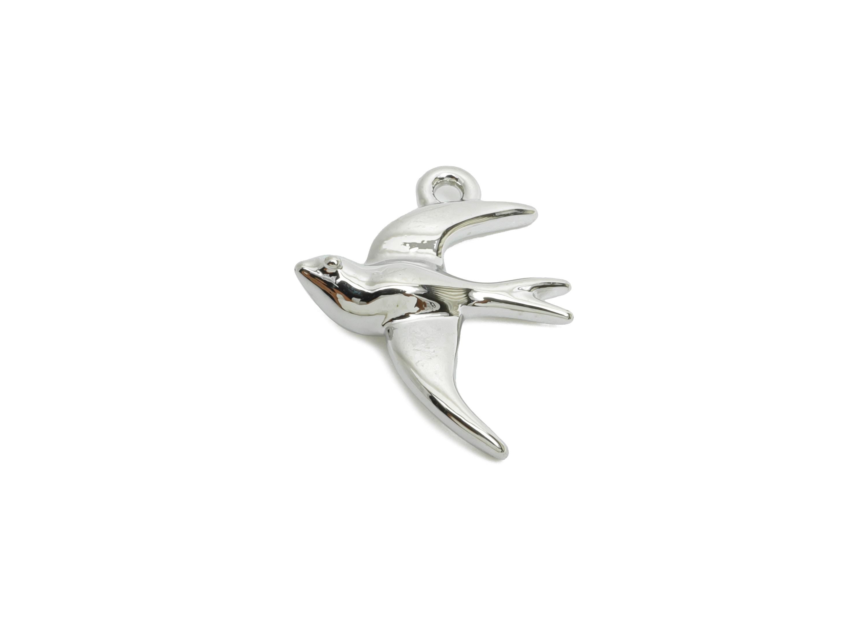 Brass Swallow Earring Charms - Mini Dainty Bird Charm for Bracelet - Minimalism Jewelry - 18K White Gold Plated - 14.6x12x3.4mm - RGP9918S - DOMEDBAZAAR
