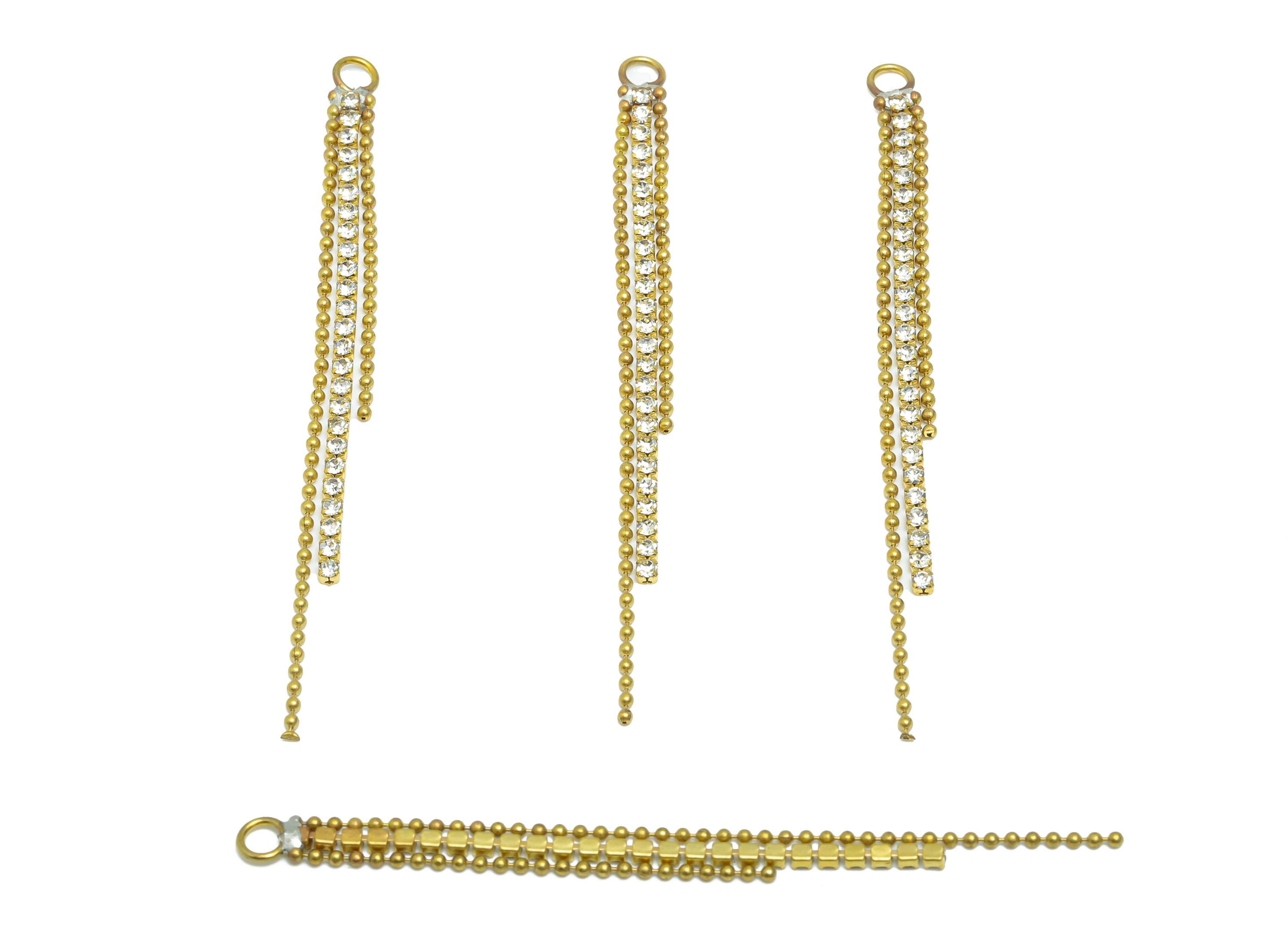 Brass Chain Tassel Charm - Raw Brass Rhinestone Dangle Charm - Sparkling Pendant Charm - Tassel Pendant with Crystal - 66x4x1mm - PP11001 - DOMEDBAZAAR