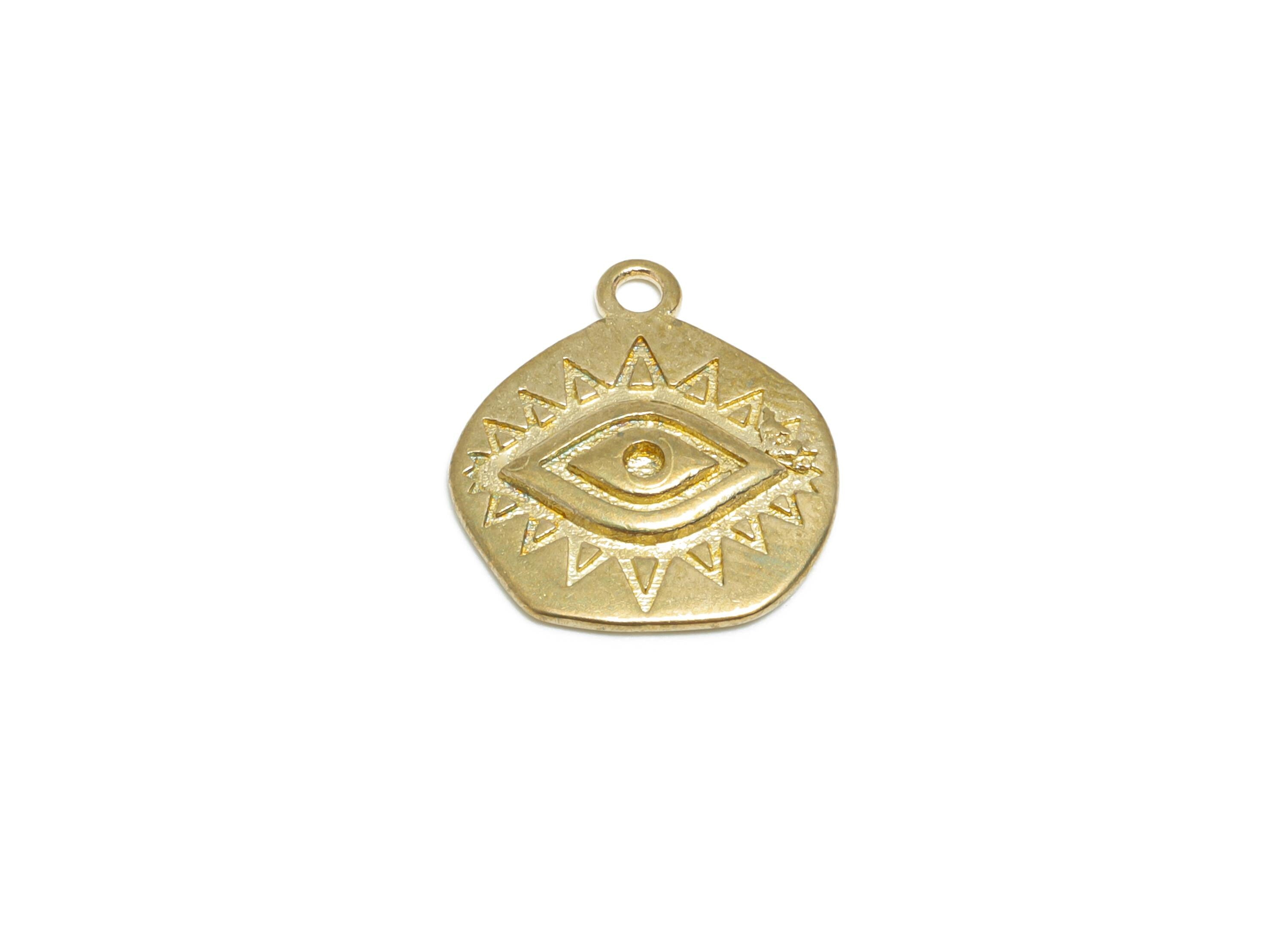 Engraved Eye Charm - Raw Brass Engraved Eye Earring Charm - Spiritual Protection Charm - Symbolic Eye Brass Accessory - 14x13x1mm  - PP10993 - DOMEDBAZAAR