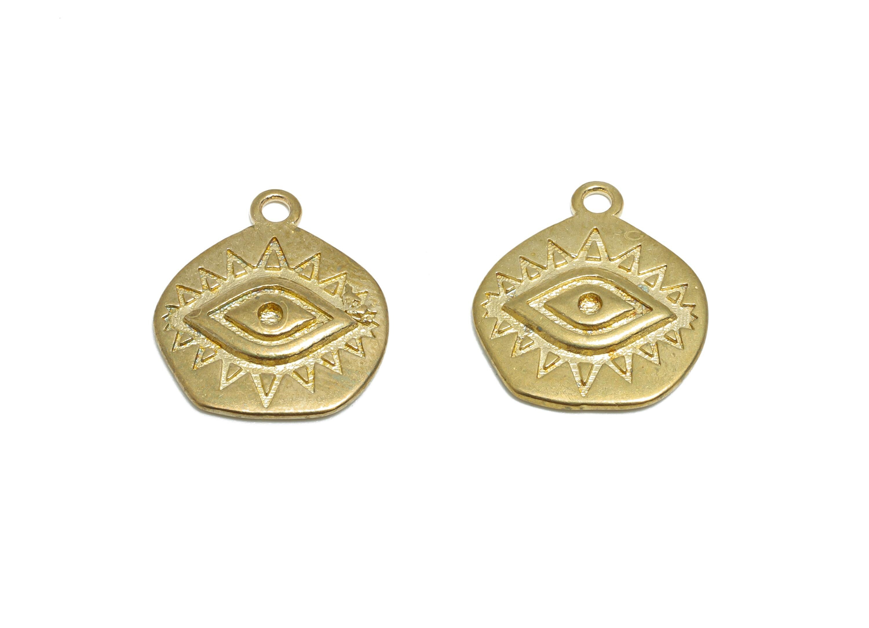 Engraved Eye Charm - Raw Brass Engraved Eye Earring Charm - Spiritual Protection Charm - Symbolic Eye Brass Accessory - 14x13x1mm  - PP10993 - DOMEDBAZAAR