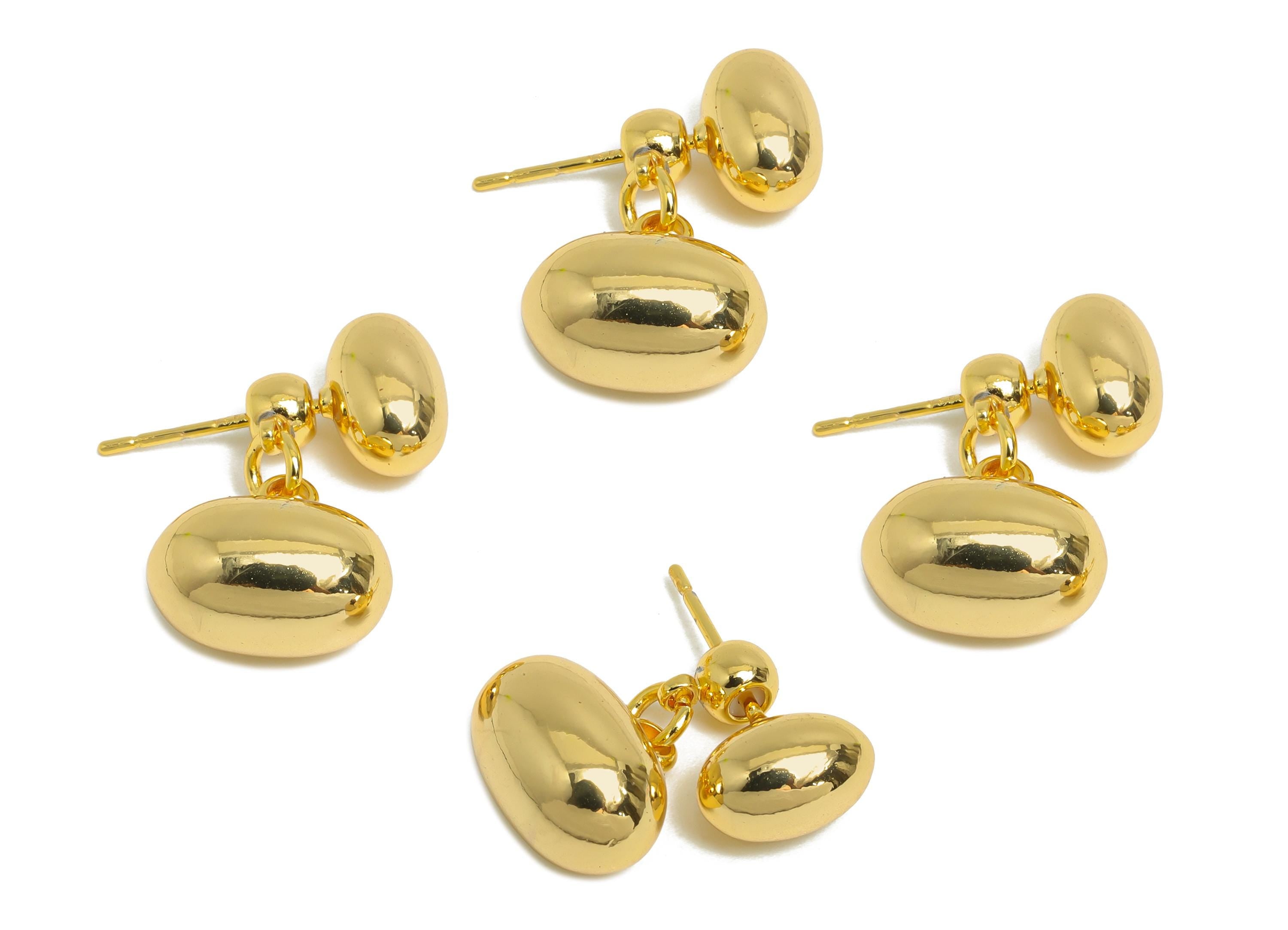 Brass Bead Earrings Stud - Gold Oval Bead Earrings Post for Girl&#39;s - Dangle Bead Ear Jacket - 18K Real Gold Plated - 22x11.5x7.8mm - RGP9517 - DOMEDBAZAAR
