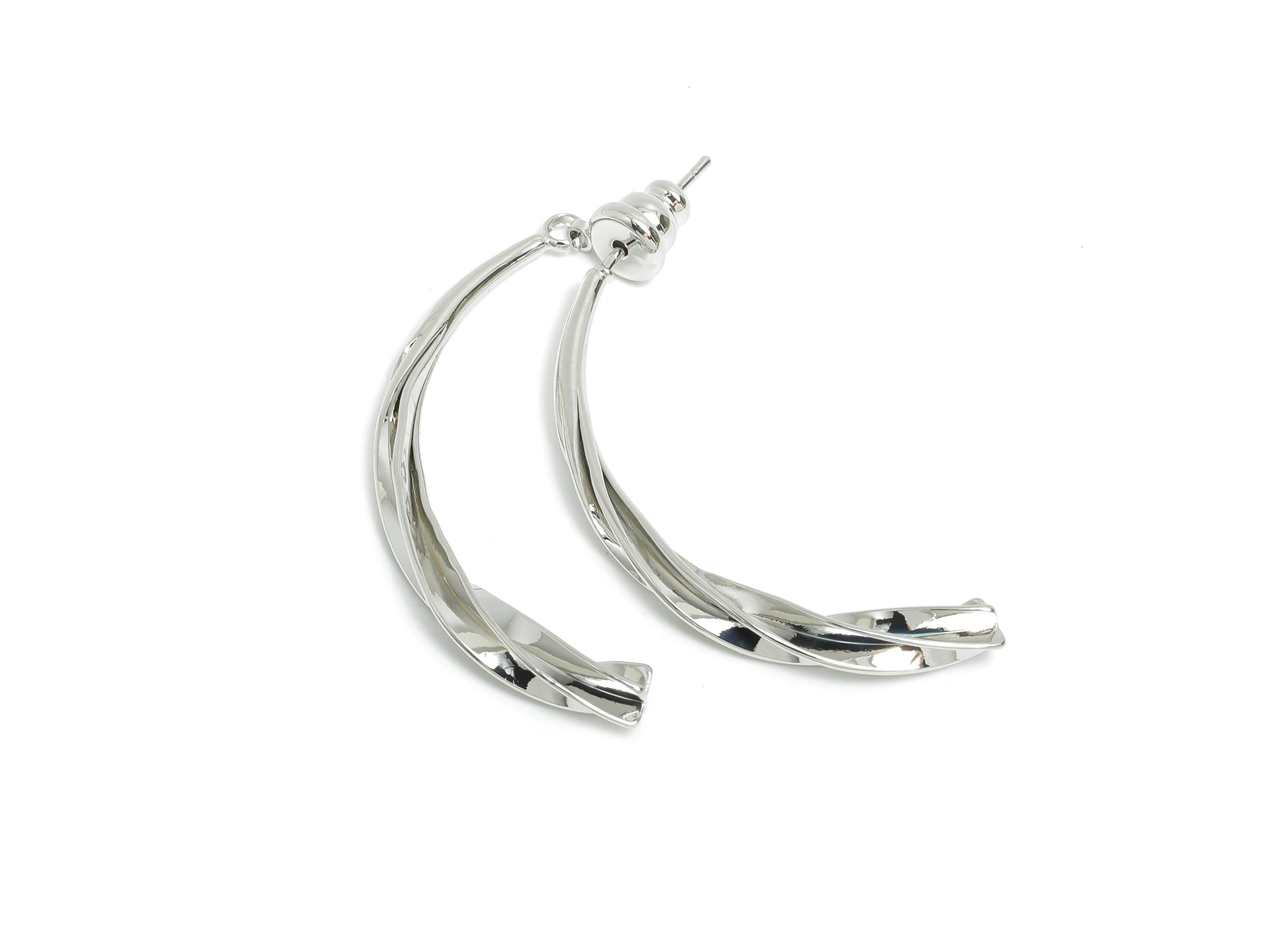 Brass Twisted Earring Stud - Silver Curved Bar Earring Post - Statement Hoop Ear Jacket - 18K Real White Gold Plated -37x17x3.4mm -RGP9446S - DOMEDBAZAAR