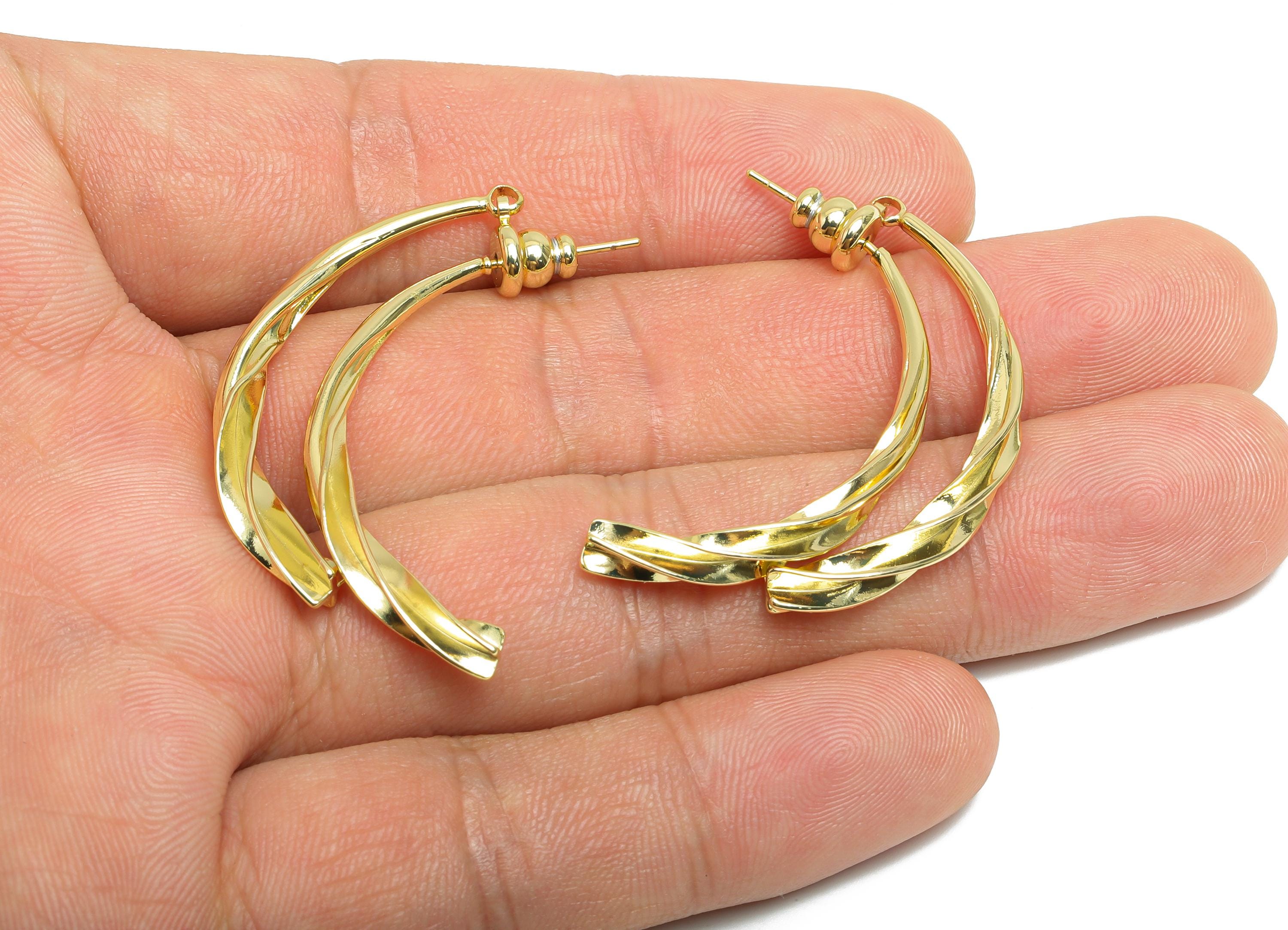 Brass Twisted Earring Stud - Gold Curved Bar Earring Post for Girl&#39;s - Statement Hoop Ear Jacket - 14K Gold Plated -37x17x3.4mm-RGP9446-14 - DOMEDBAZAAR