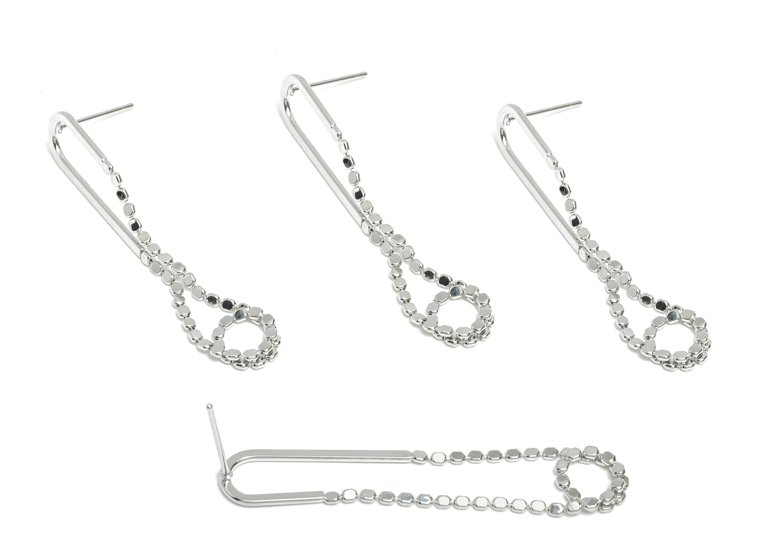 Brass Hanging Chain Earring Stud - White Simple Earring Post - Geometric Dangle Earring Post - 18K White Gold Plated - 44x7.9x1mm - RGP9514S - DOMEDBAZAAR