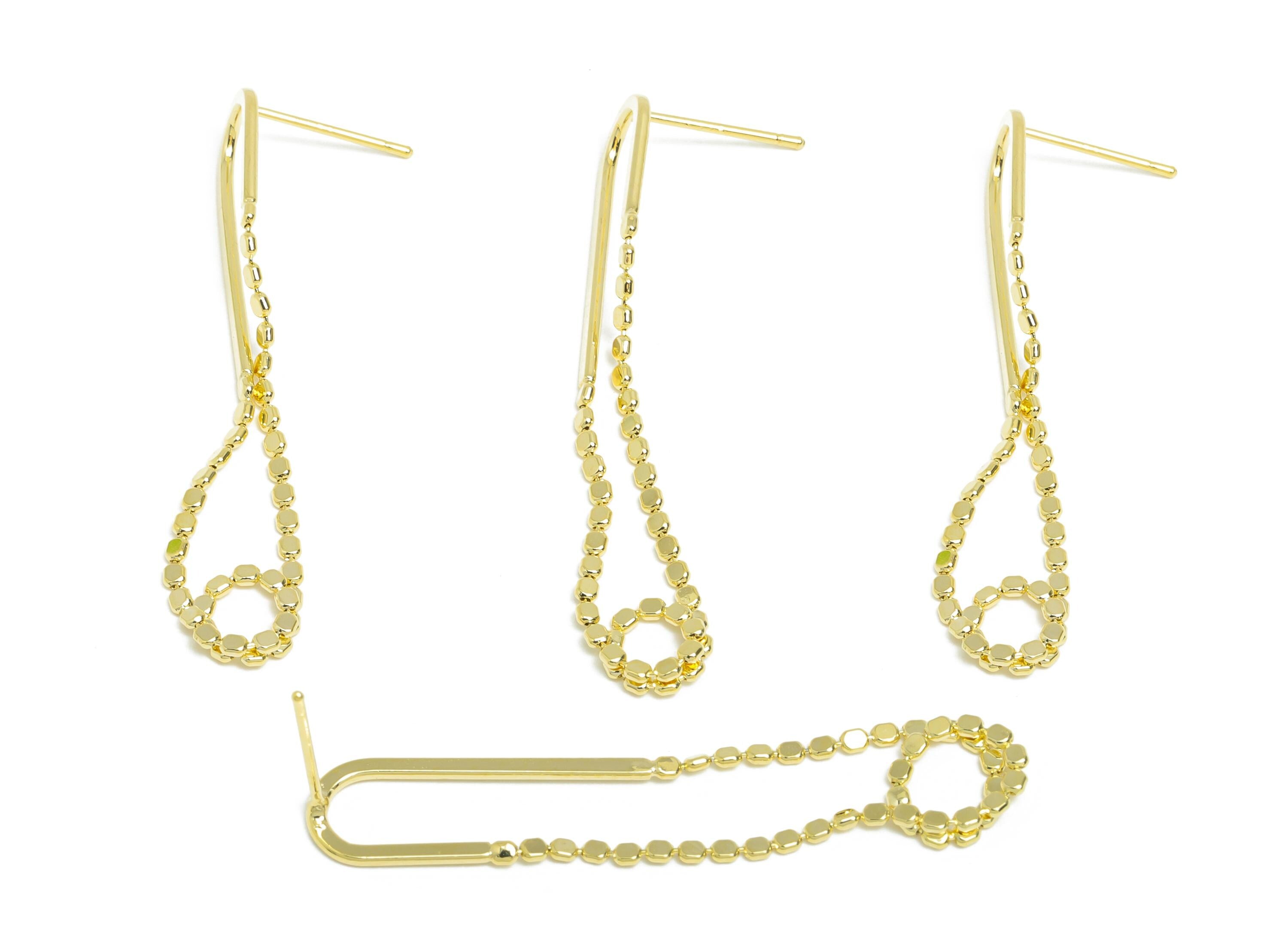 Brass Hanging Chain Earring Stud - Gold Simple Earring Post - Geometric Dangle Earring Post - 14K Real Gold Plated - 44x7.9x1mm - RGP9514-14 - DOMEDBAZAAR