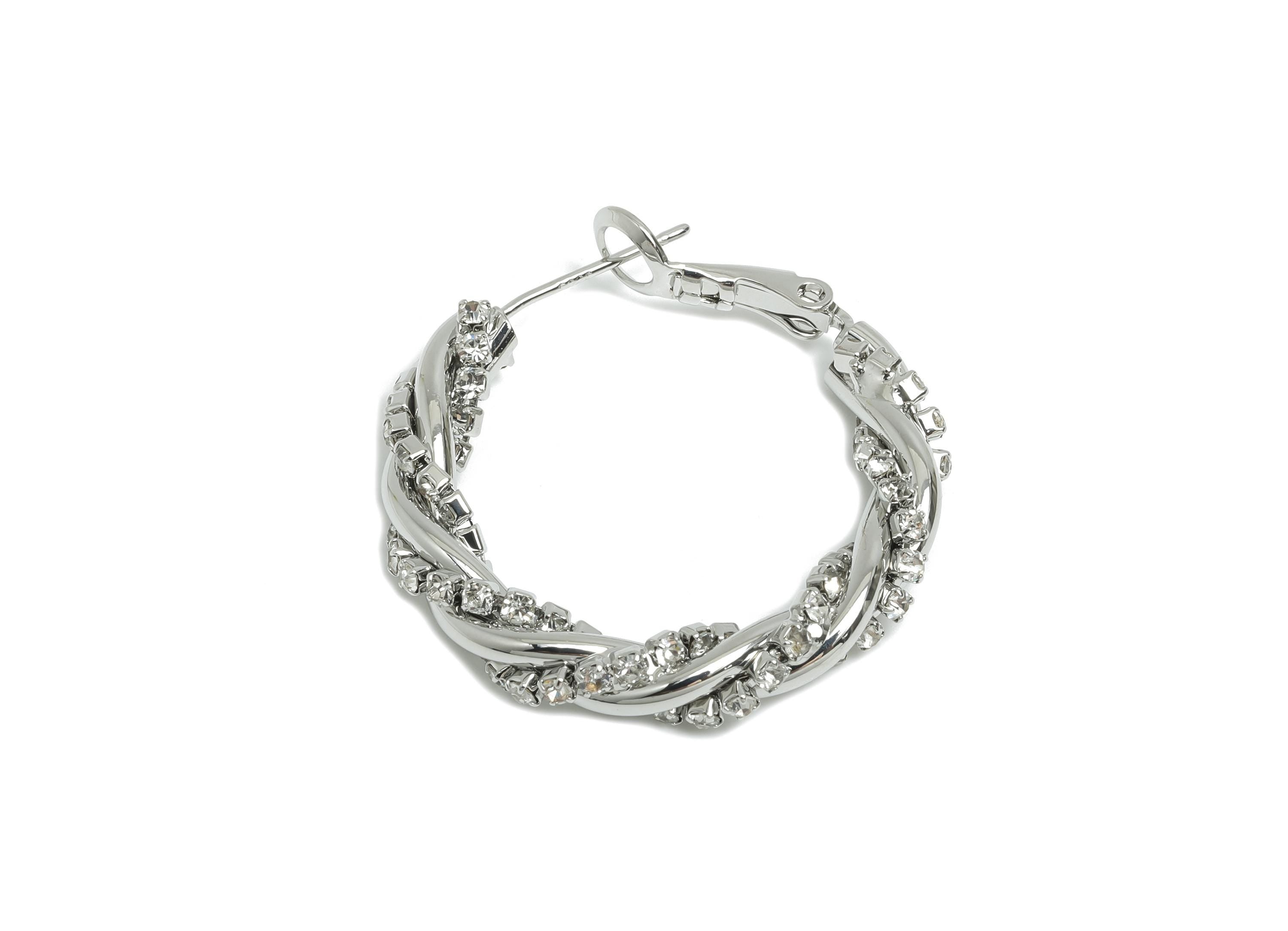 Brass Twisted Hoop Earring - Silver Round Luxurious Zircon Earring - Geometric Clasp Back Earring -18K White Gold-Plated -30x26x4mm-RGP9506S - DOMEDBAZAAR