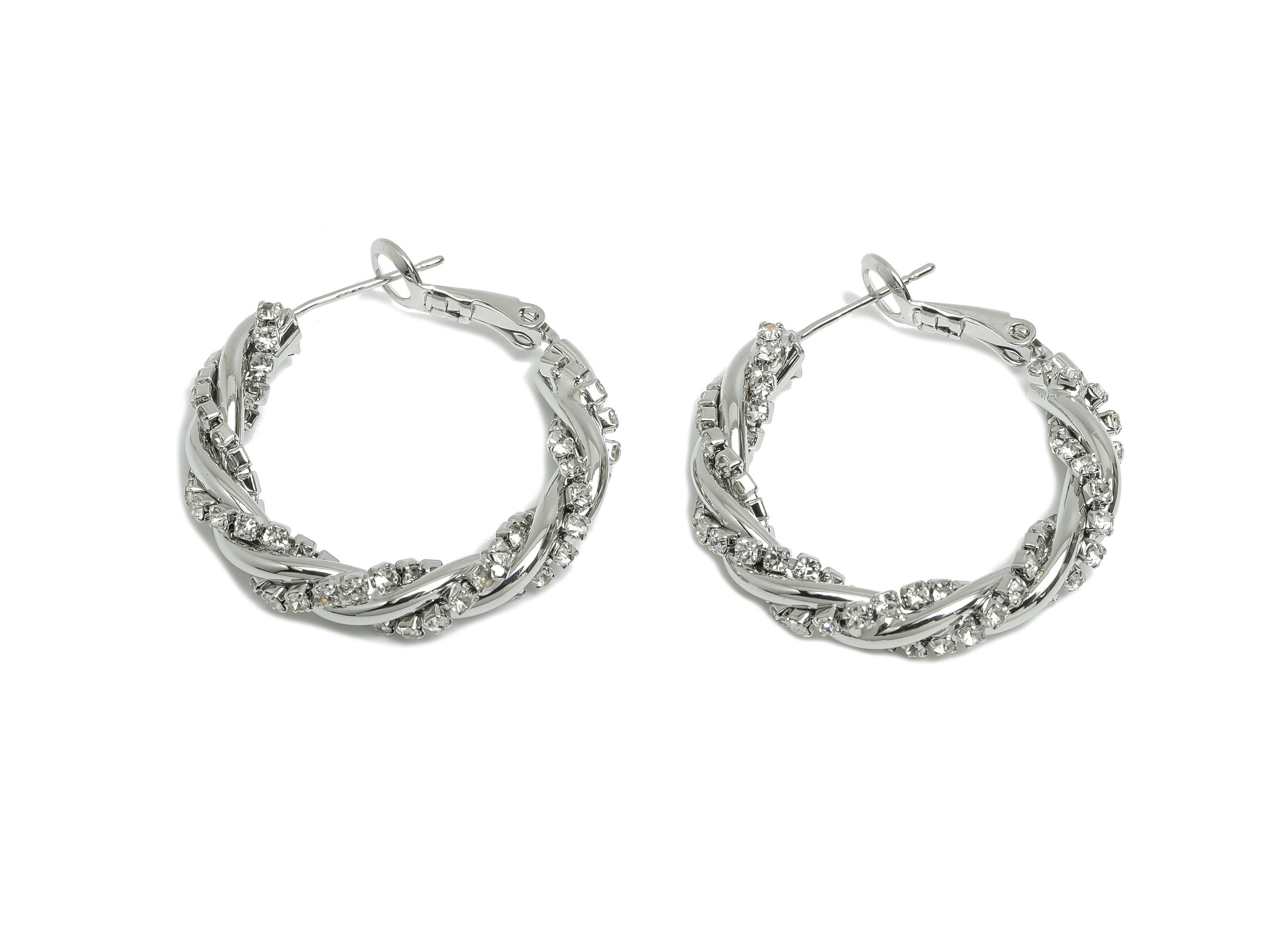 Brass Twisted Hoop Earring - Silver Round Luxurious Zircon Earring - Geometric Clasp Back Earring -18K White Gold-Plated -30x26x4mm-RGP9506S - DOMEDBAZAAR