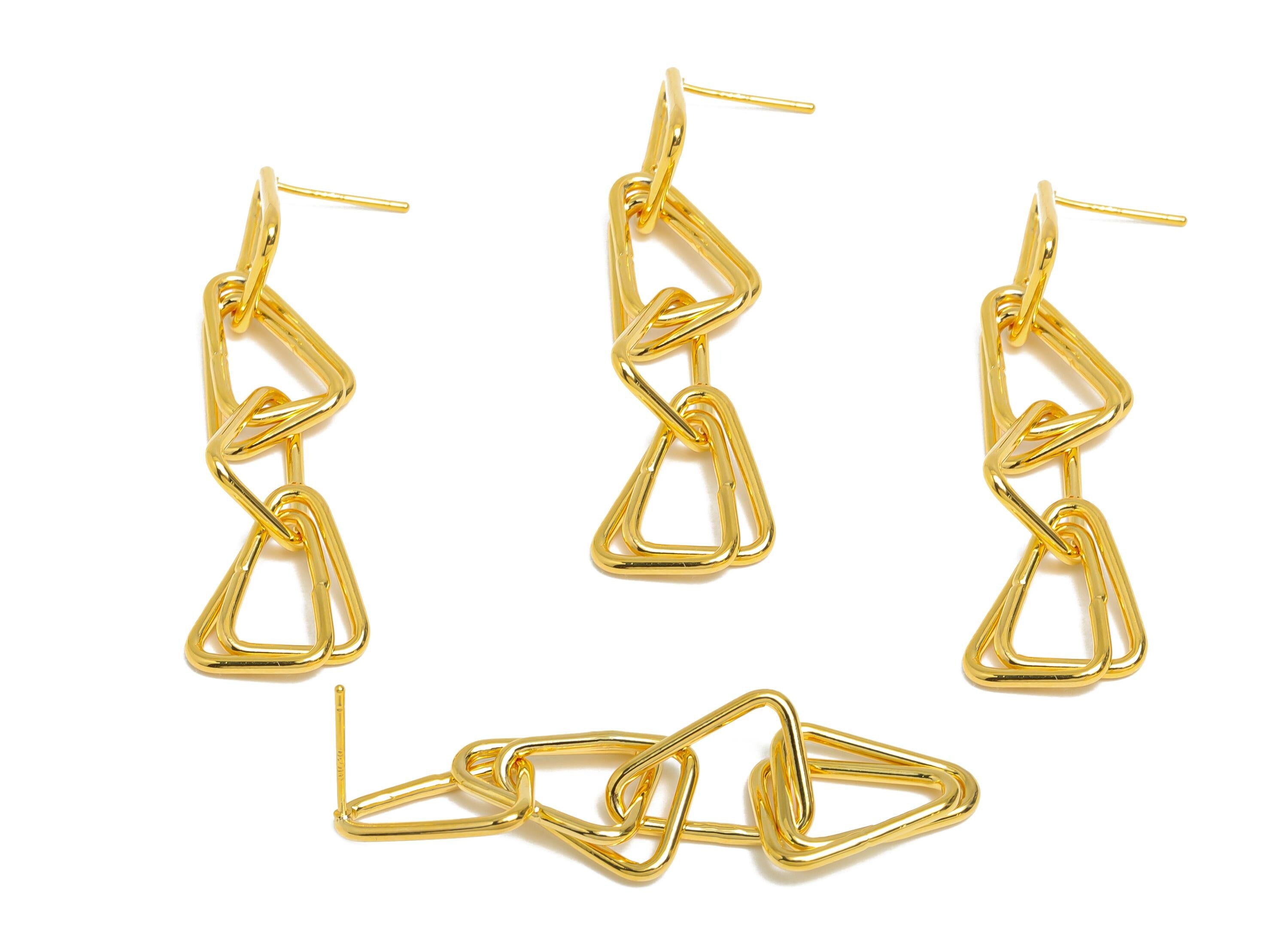 Triangle Ring Dangle Earring - Brass Long Interlock Earring Post - Gold Dangle Geometric Earring - 18K Gold Plated -47x12.3x1.5mm - RGP9513 - DOMEDBAZAAR