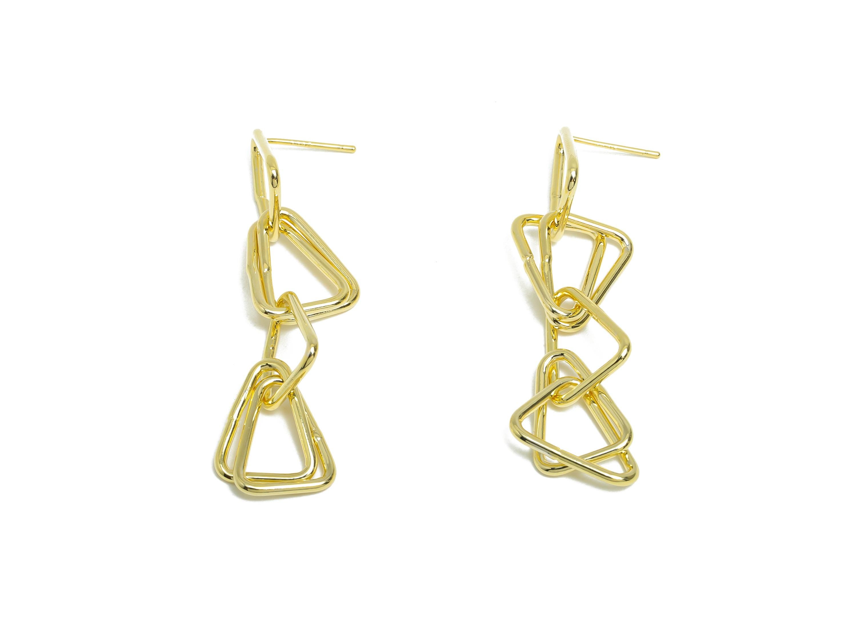 Triangle Ring Dangle Earring - Brass Long Interlock Earring Post - Gold Dangle Geometric Earring -14K Gold Plated -47x12.3x1.5mm-RGP9513-14 - DOMEDBAZAAR