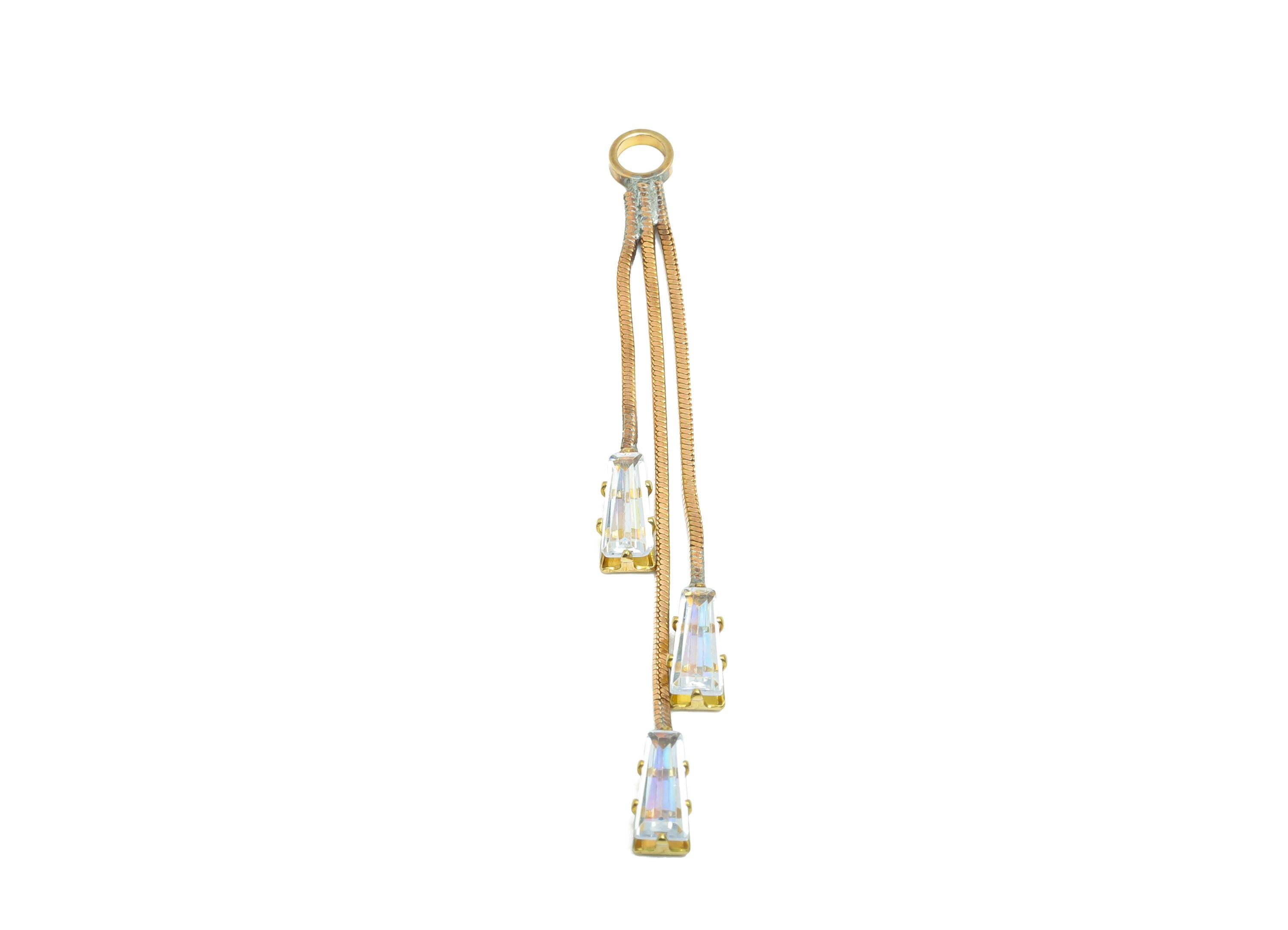 Crystal Dangle Charm - Raw Brass Sparking Earring - Dainty Zircon Dangling Charm with Crystals - Faceted Dangle Charm - 52x3x2mm - PP10989 - DOMEDBAZAAR
