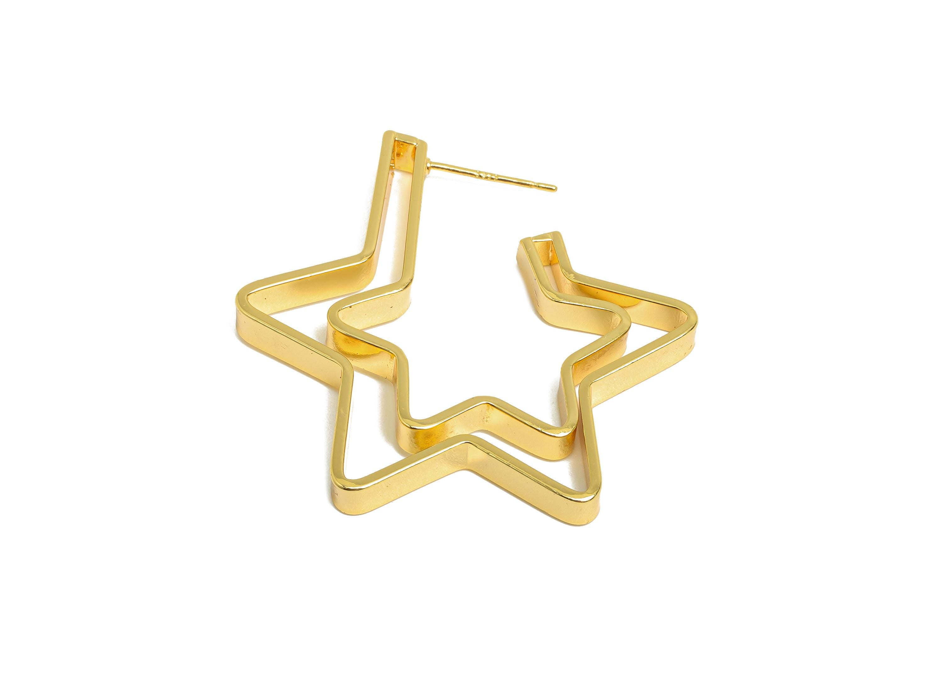 Brass Star Hoop Stud Earrings - Gold Double Layer Star Earrings Post - Statement Earring Post -18K Real Gold Plated - 37.4x34.5x4mm -RGP9527 - DOMEDBAZAAR