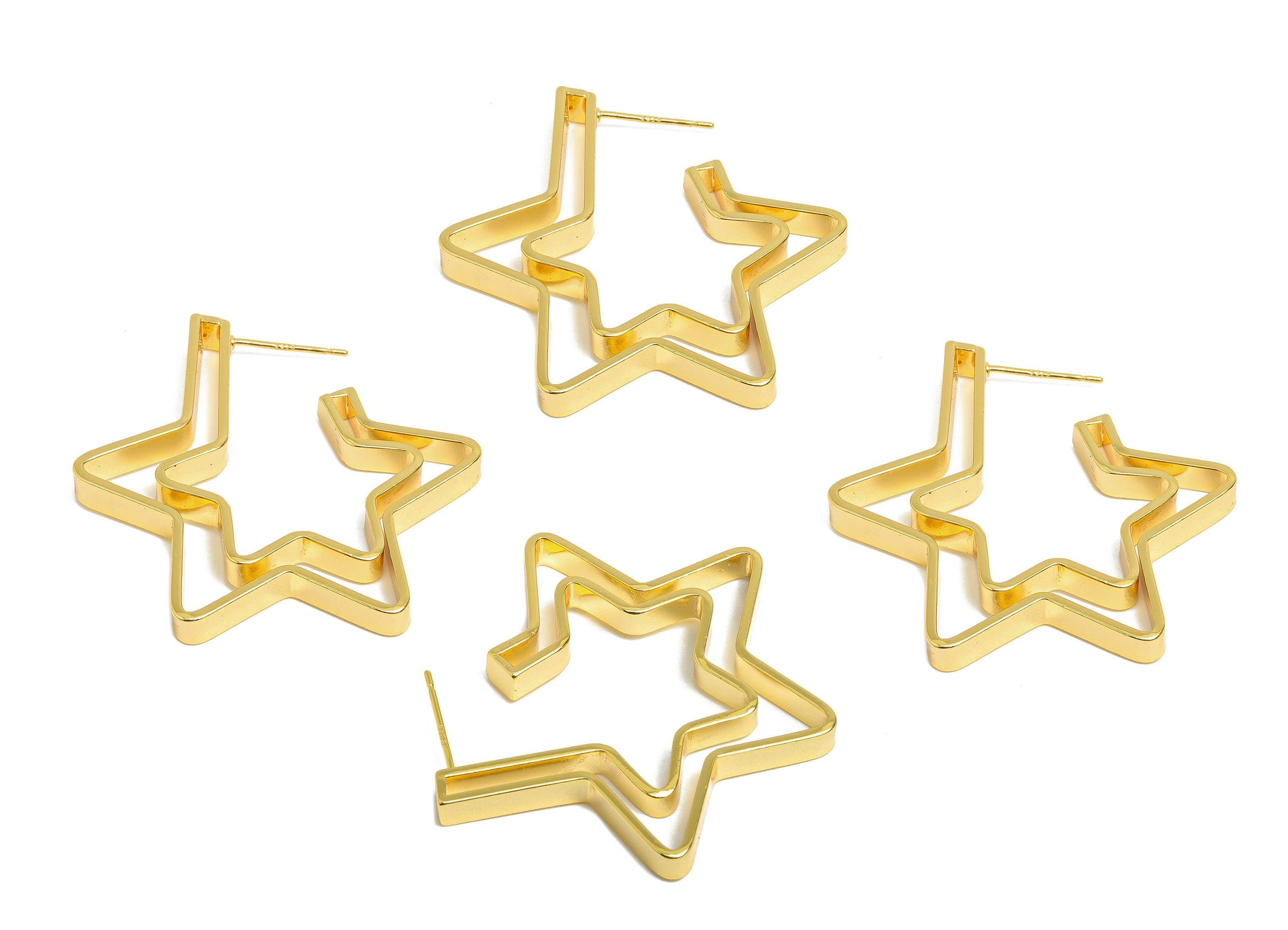 Brass Star Hoop Stud Earrings - Gold Double Layer Star Earrings Post - Statement Earring Post -18K Real Gold Plated - 37.4x34.5x4mm -RGP9527 - DOMEDBAZAAR