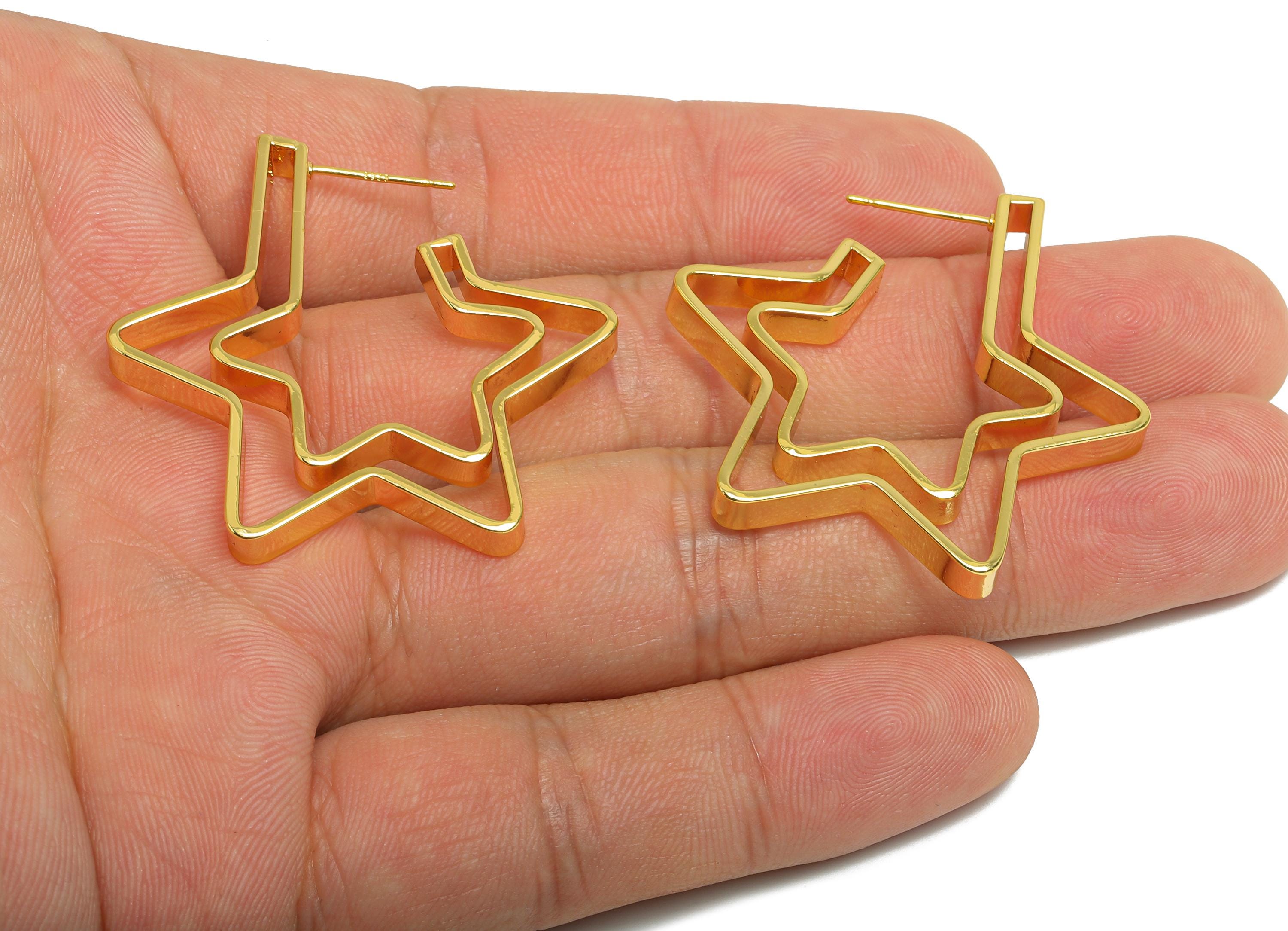 Brass Star Hoop Stud Earrings - Gold Double Layer Star Earrings Post - Statement Earring Post -18K Real Gold Plated - 37.4x34.5x4mm -RGP9527 - DOMEDBAZAAR