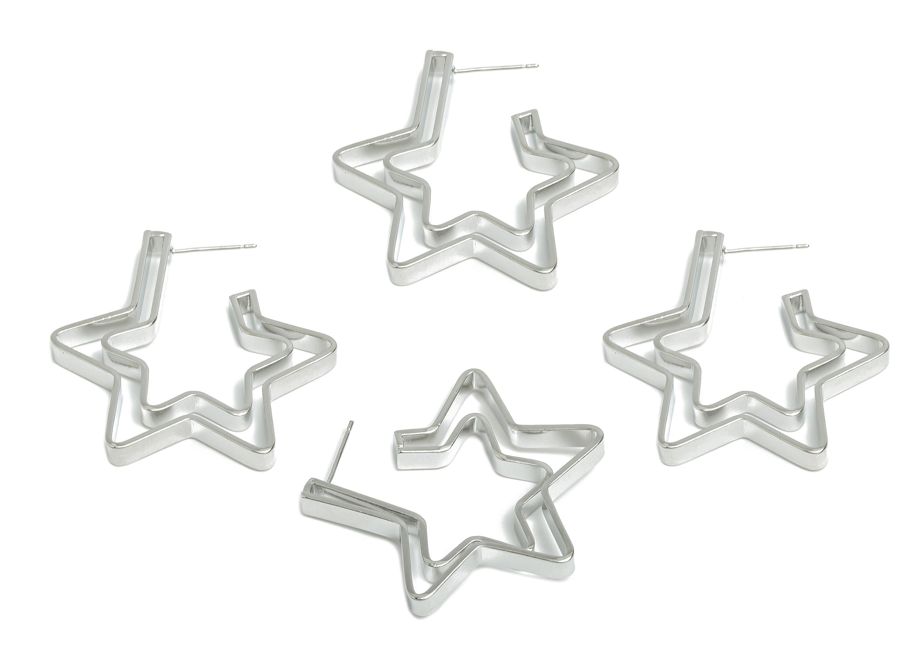 Brass Star Hoop Stud Earring - Silver Double Layer Star Earring Post - Statement Earring Post -18K White Gold Plated -37.4x34.5x4mm-RGP9527S - DOMEDBAZAAR