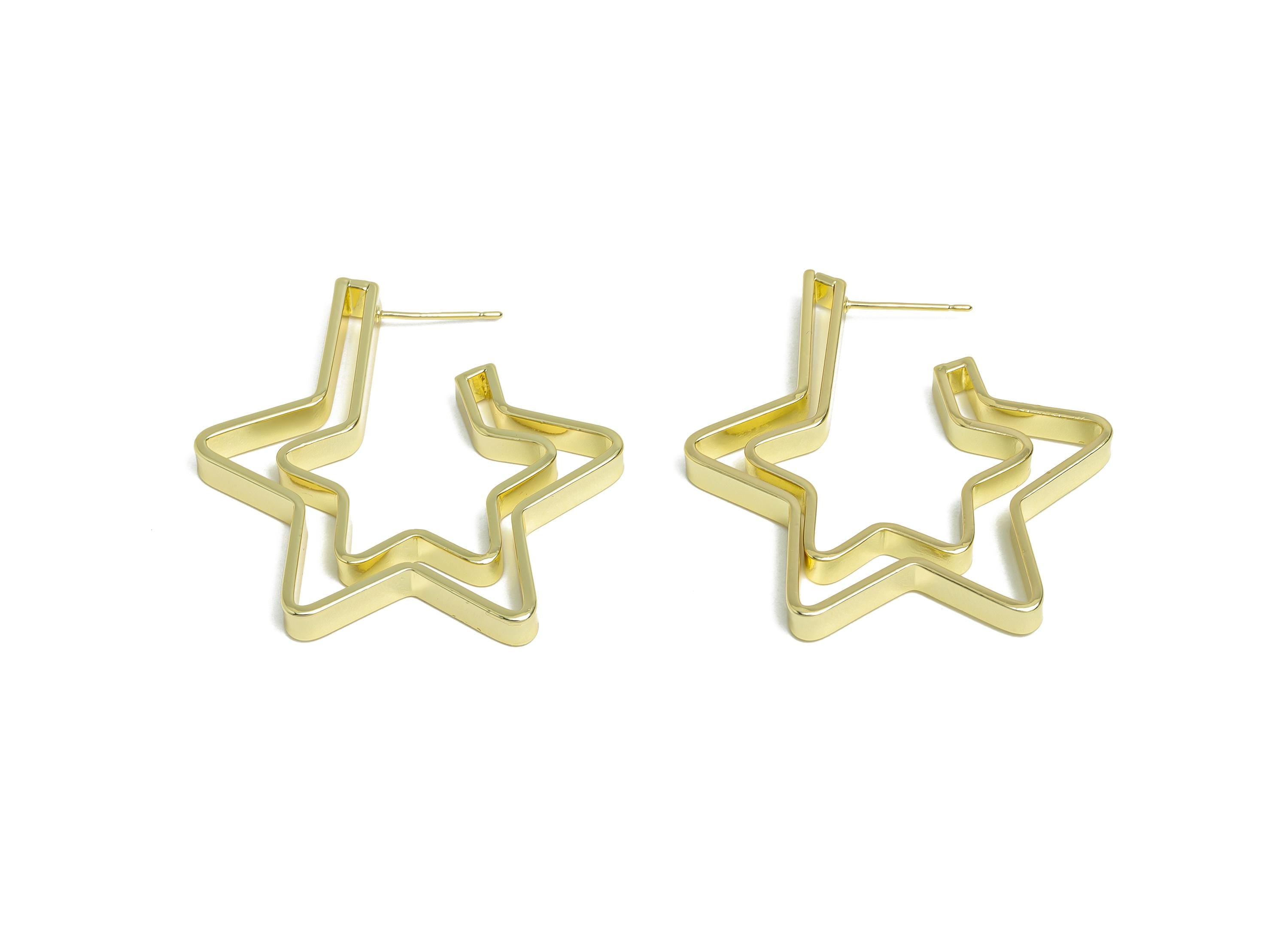 Brass Star Hoop Stud Earring - Gold Double Layer Star Earring Post - Statement Earring Post -14K Real Gold Plated -37.4x34.5x4mm -RGP9527-14 - DOMEDBAZAAR