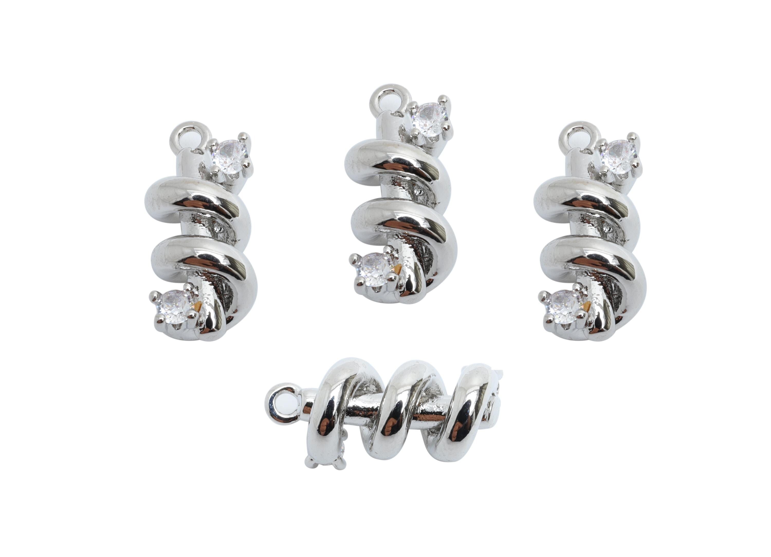 Brass Twisted Cylinder Charm - Silver Zircon Spiral Column Pendant - Refined Jewelry - 18K Real White Gold Plated - 16.1x6.8x6.8mm -RGP9892S - DOMEDBAZAAR