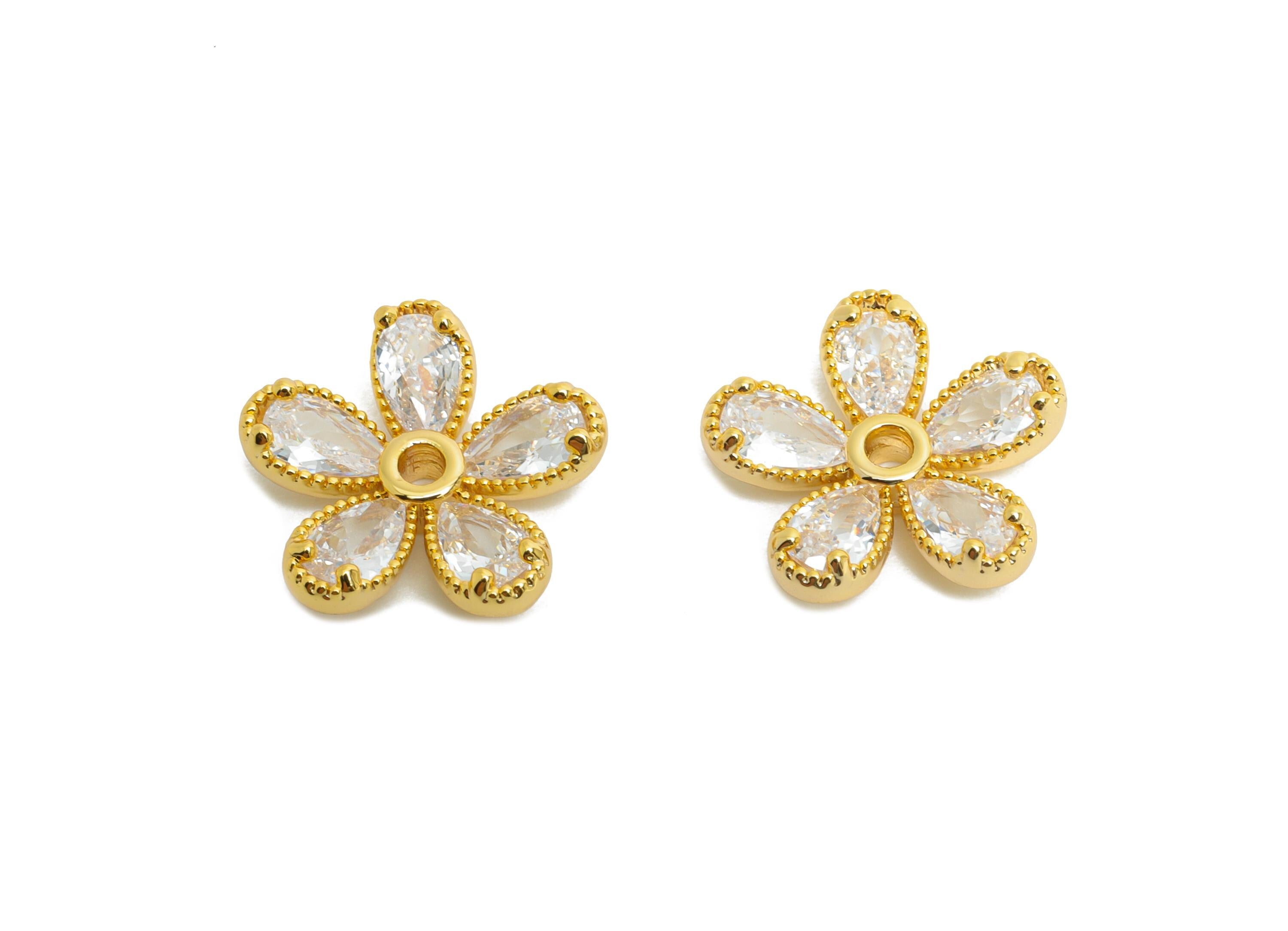 Brass CZ Daisy Earring Charm - Gold Zircon Flower Botanical Charms - Dainty Jewelry Accessories - 18K Real Gold Plated - 13x13x3mm - RGP9902 - DOMEDBAZAAR