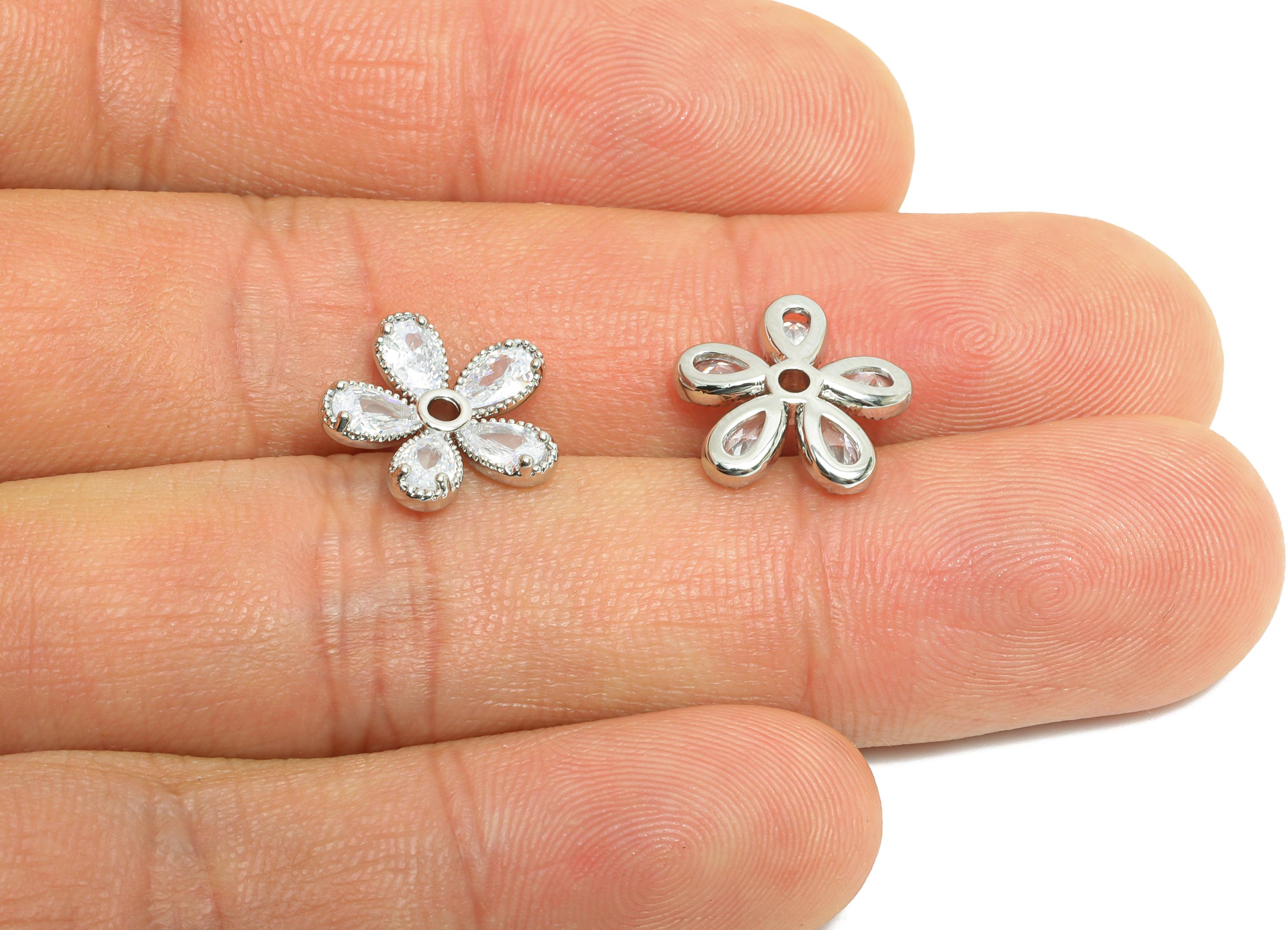 Brass CZ Daisy Earring Charm - Silver Zircon Flower Botanical Charm - Dainty Jewelry Accessories - 18K White Gold Plated -13x13x3mm-RGP9902S - DOMEDBAZAAR