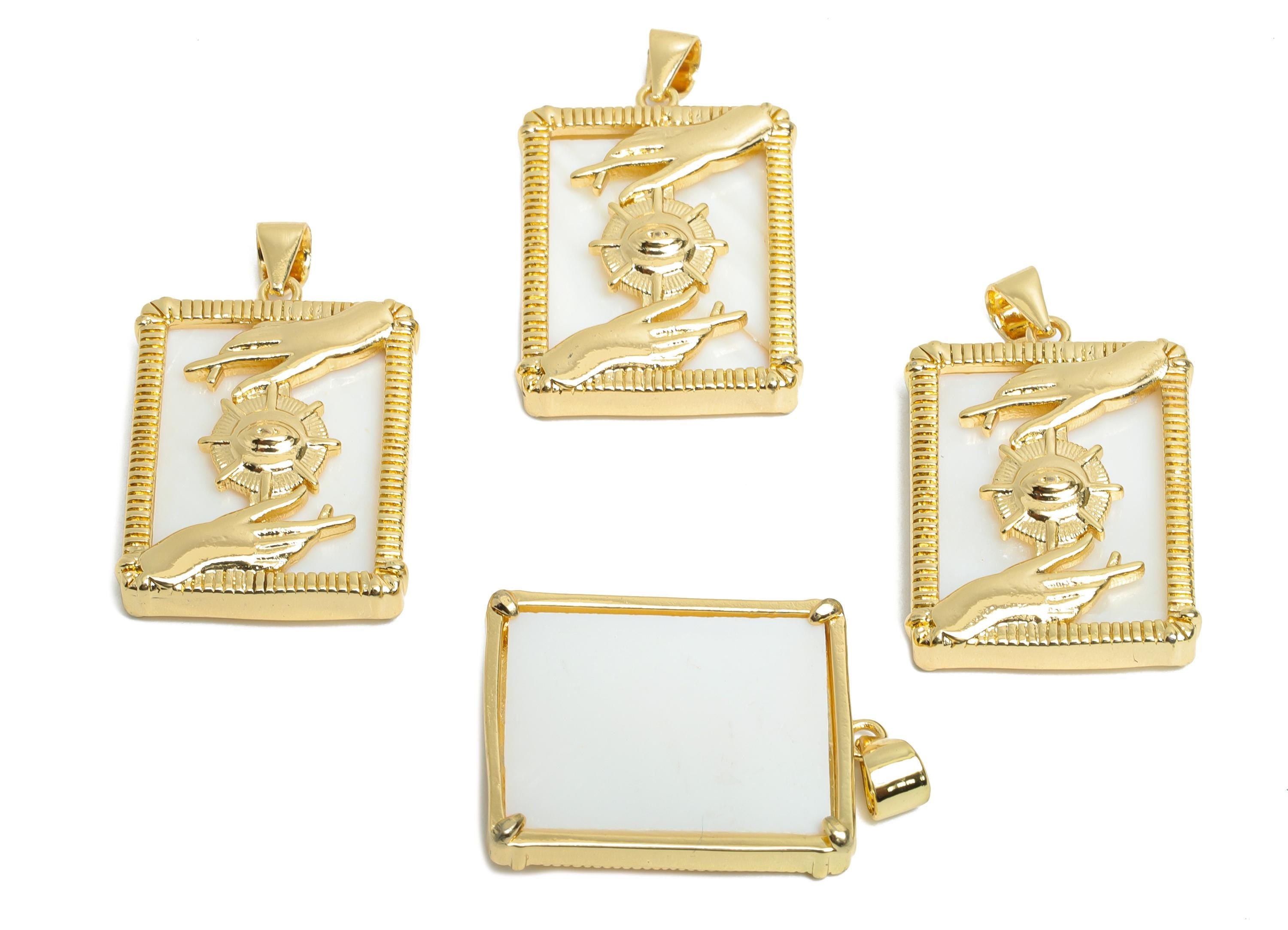 Brass Evil Eye and Hand Pendant - Rectangular Shell Necklace Pendant - Bold Artistic Jewelry - 18K Real Gold Plated - 24.47x18x4mm - RGP9741 - DOMEDBAZAAR
