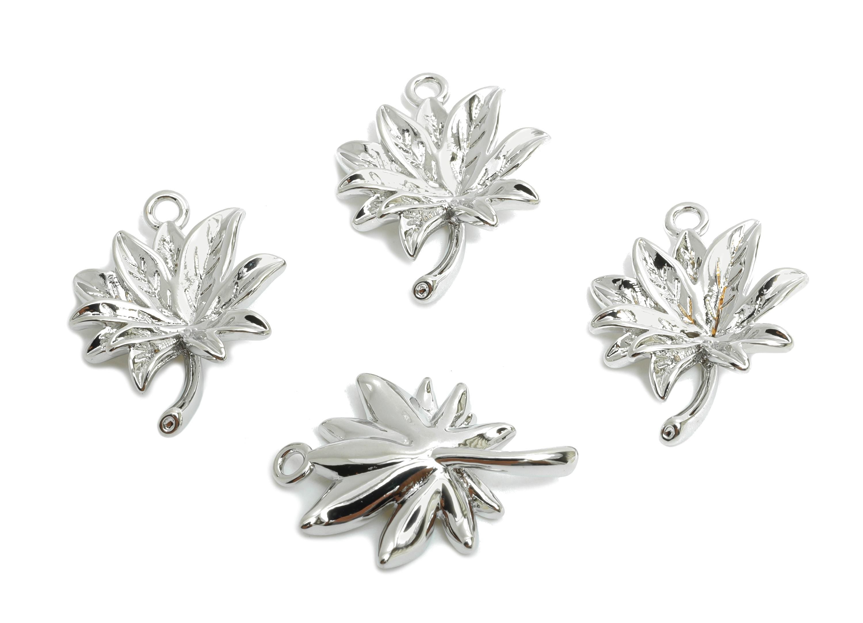 Brass Maple Leaf Earring Charm - Textured Silver Leaf Plant Pendant - Jewelry Accessories - 18K White Gold Plated - 18.6x14x3.4mm - RGP9926S - DOMEDBAZAAR