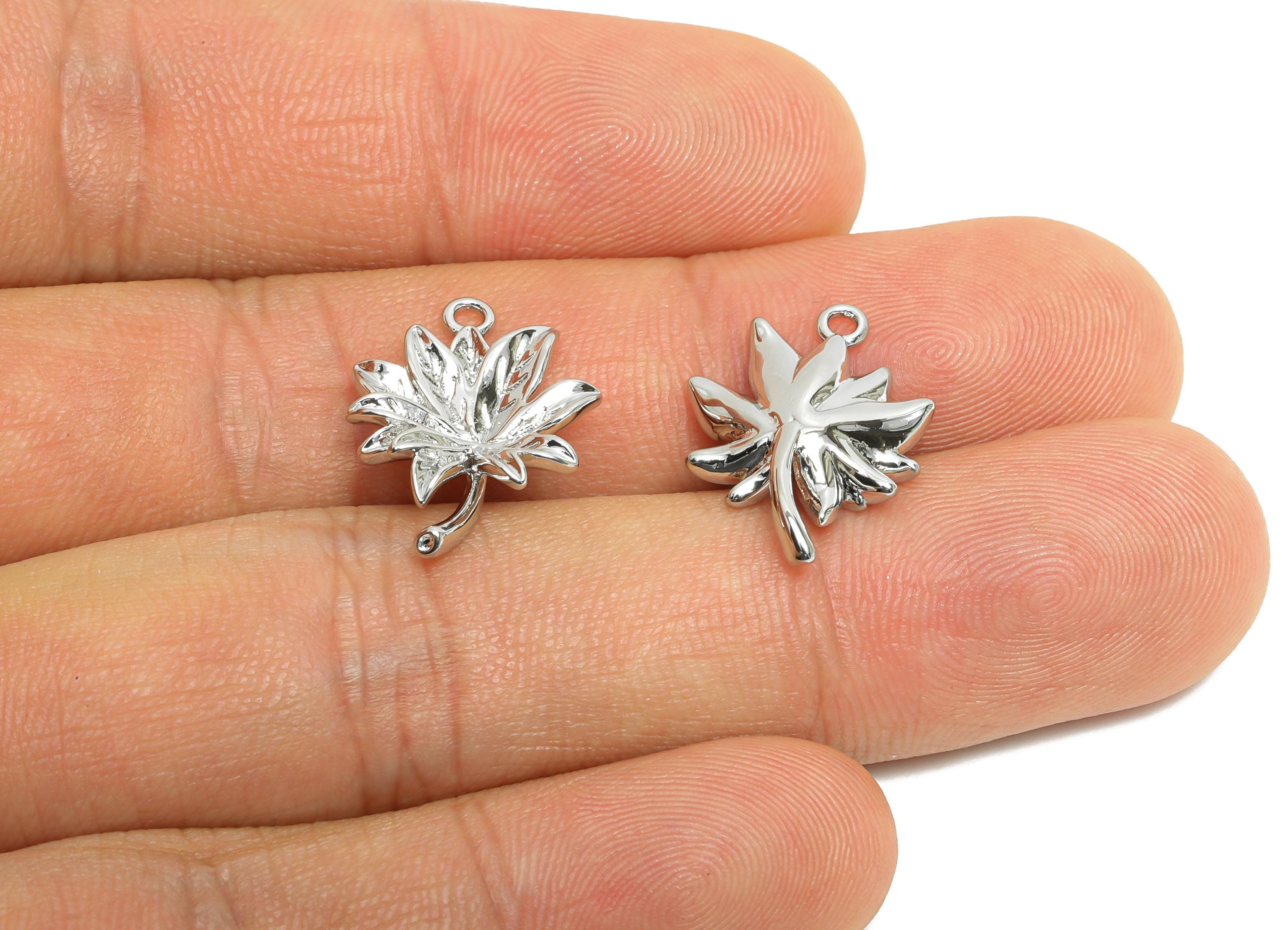 Brass Maple Leaf Earring Charm - Textured Silver Leaf Plant Pendant - Jewelry Accessories - 18K White Gold Plated - 18.6x14x3.4mm - RGP9926S - DOMEDBAZAAR