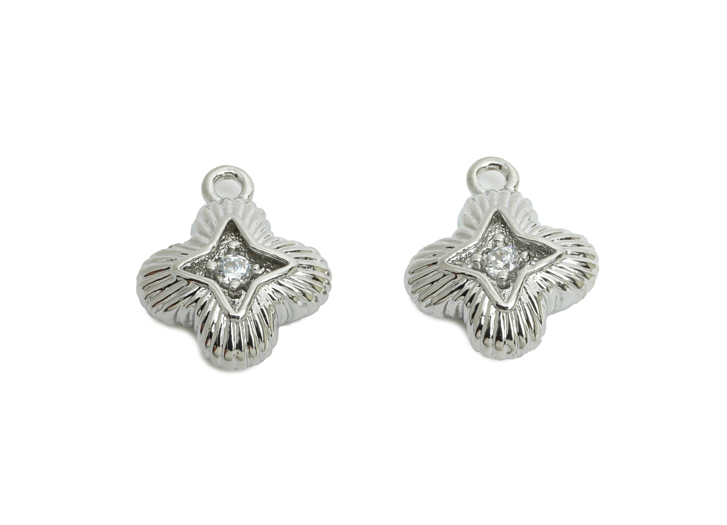 Brass Star Earring Charms - Textured Silver Zircon Four-Leaf Clover Charm - Sparkling Jewelry - 18K White Gold Plated - 12x10x4mm - RGP9914S - DOMEDBAZAAR