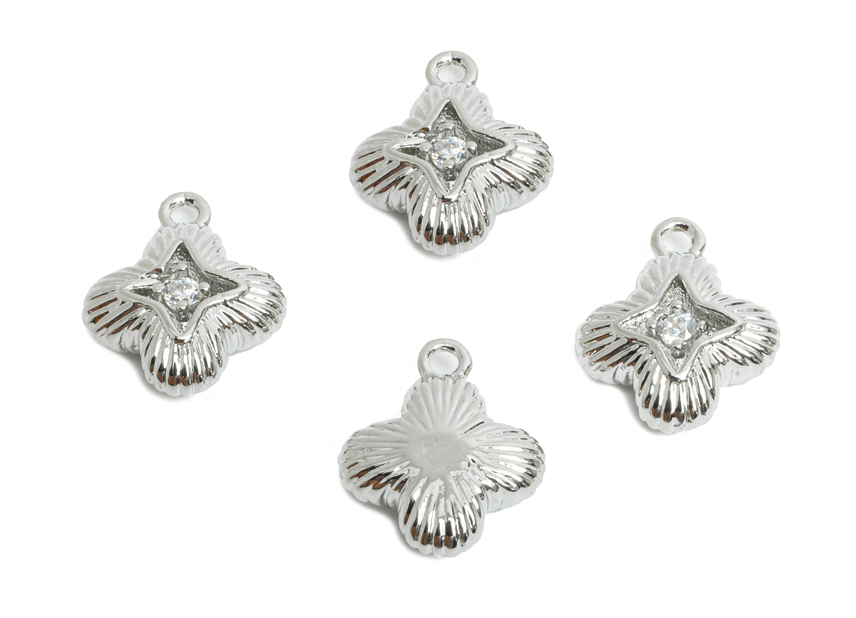 Brass Star Earring Charms - Textured Silver Zircon Four-Leaf Clover Charm - Sparkling Jewelry - 18K White Gold Plated - 12x10x4mm - RGP9914S - DOMEDBAZAAR