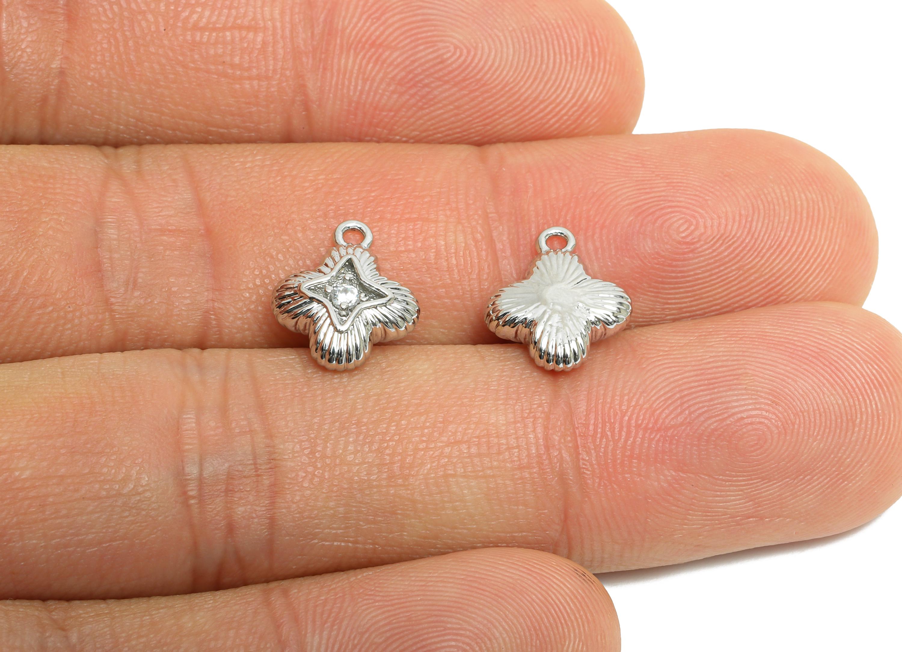 Brass Star Earring Charms - Textured Silver Zircon Four-Leaf Clover Charm - Sparkling Jewelry - 18K White Gold Plated - 12x10x4mm - RGP9914S - DOMEDBAZAAR