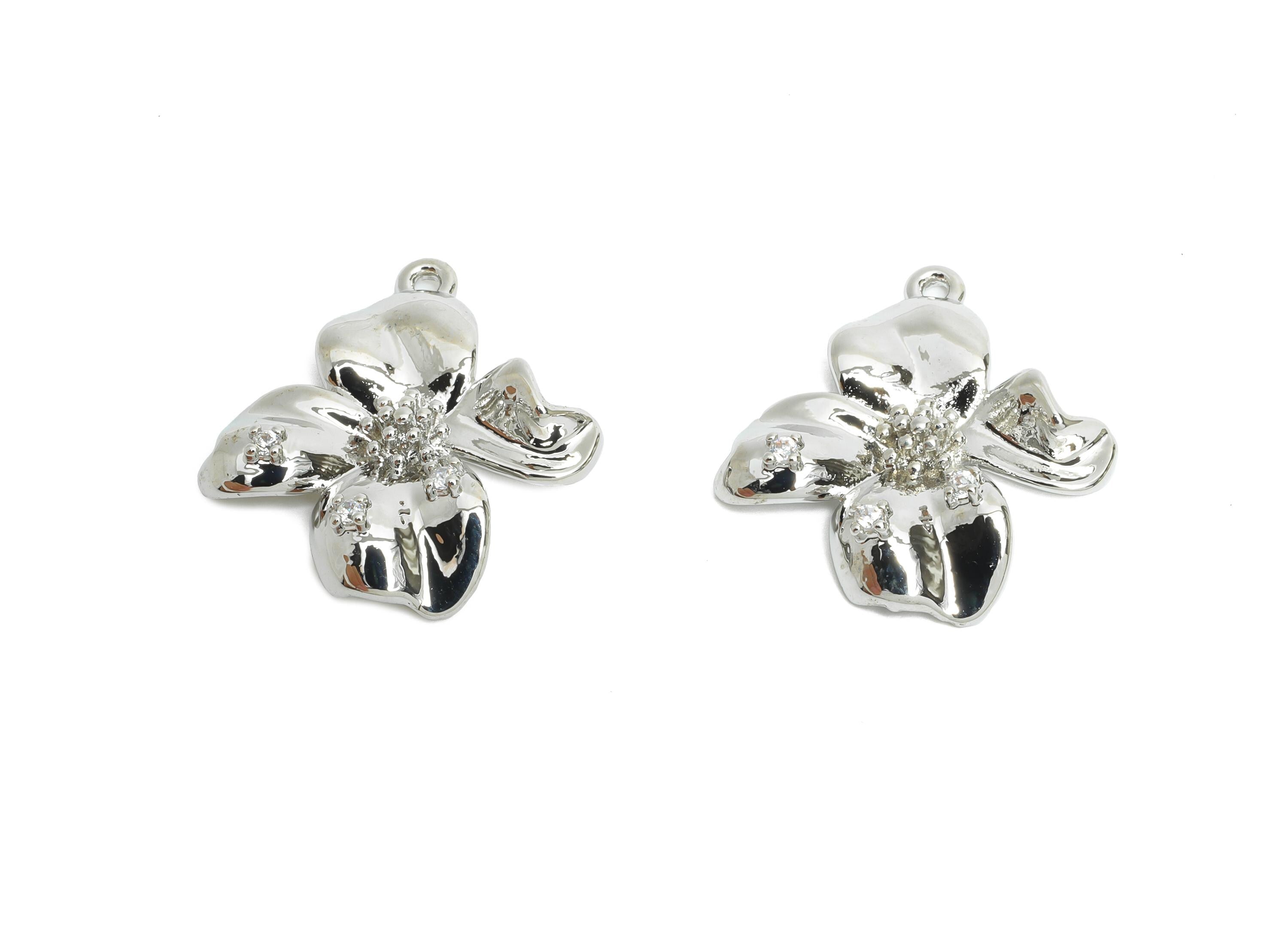 Brass Flower Earring Charms - Textured Silver Zircon Botanical Pendant- Refined Jewelry - 18K Real White Gold Plated - 19x15x3mm - RGP9927S - DOMEDBAZAAR
