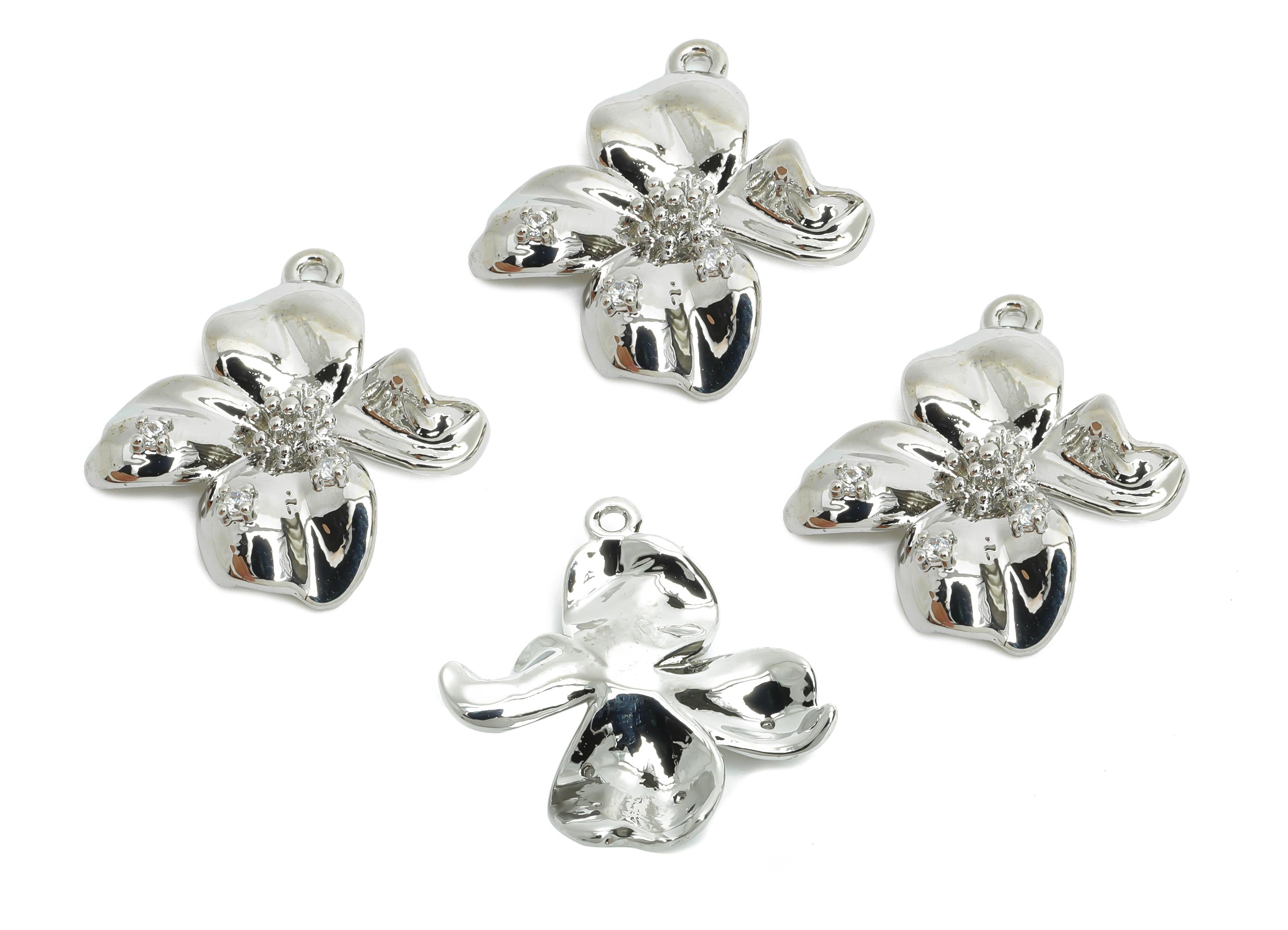 Brass Flower Earring Charms - Textured Silver Zircon Botanical Pendant- Refined Jewelry - 18K Real White Gold Plated - 19x15x3mm - RGP9927S - DOMEDBAZAAR