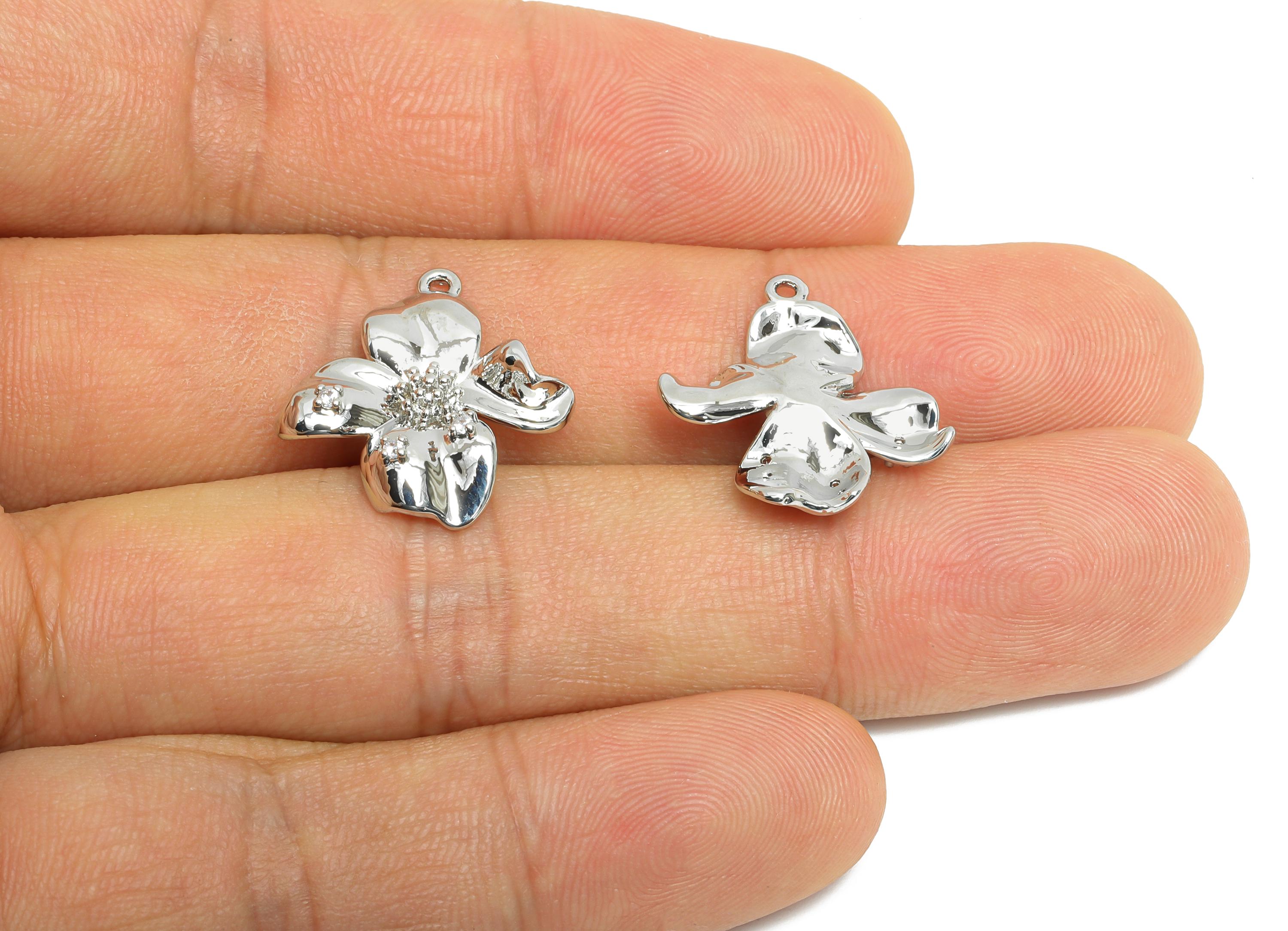 Brass Flower Earring Charms - Textured Silver Zircon Botanical Pendant- Refined Jewelry - 18K Real White Gold Plated - 19x15x3mm - RGP9927S - DOMEDBAZAAR