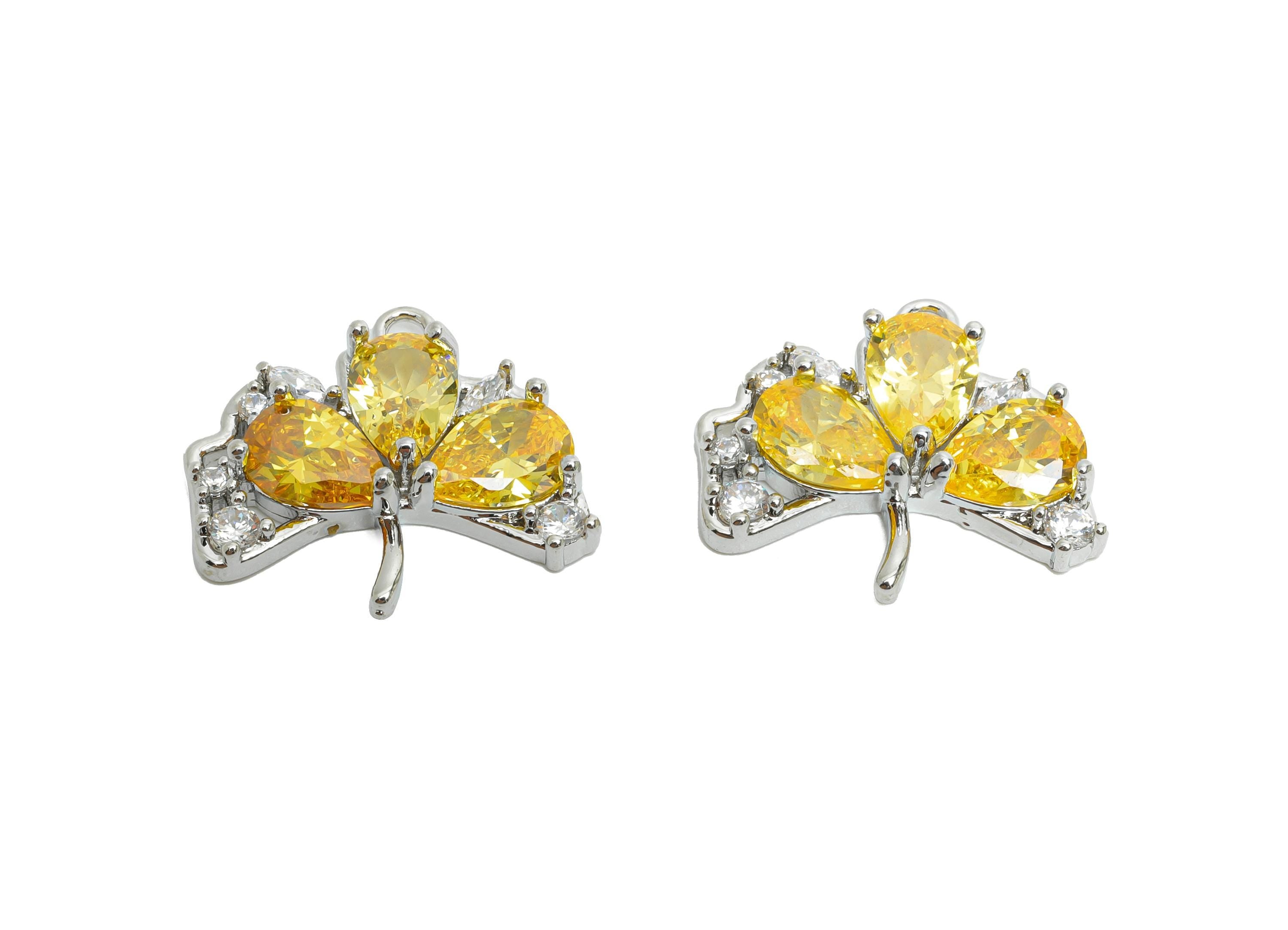 Brass Ginkgo Leaf Earring Charm - Textured Silver Zircon Leaf Pendant - Sparkling Jewelry - 18K White Gold Plated - 18x16x3.7mm - RGP9895S - DOMEDBAZAAR