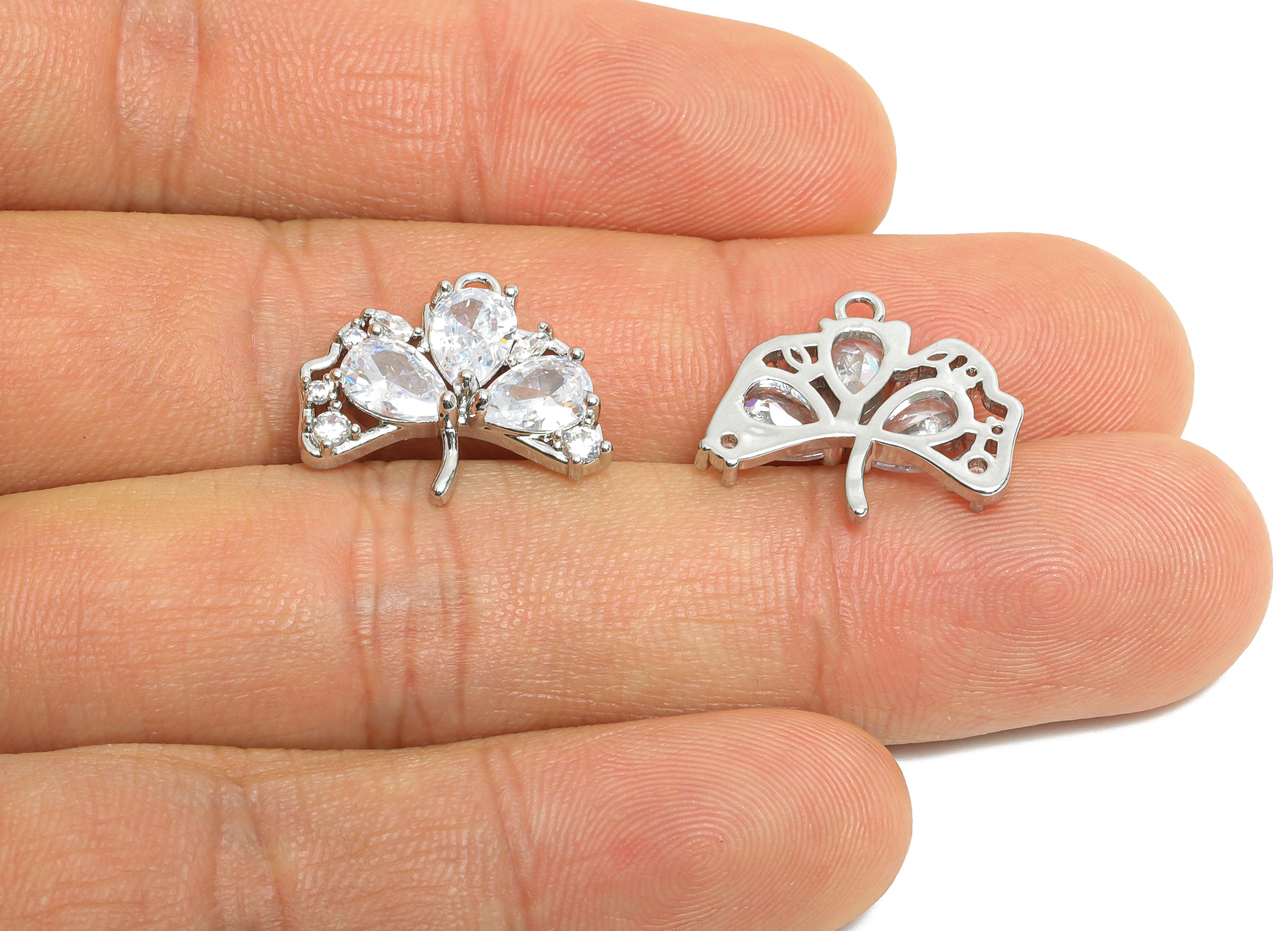 Brass Ginkgo Leaf Earring Charm - Textured Silver Zircon Leaf Pendant - Sparkling Jewelry - 18K White Gold Plated - 18x16x3.7mm - RGP9894S - DOMEDBAZAAR