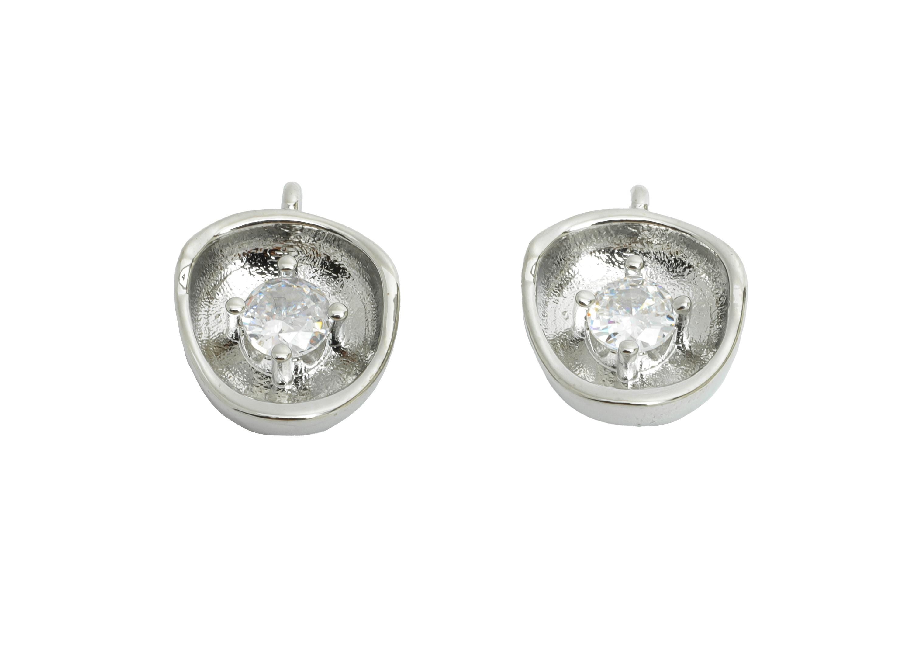 Brass Domed Artistic Earring Charm - Silver Glimmering Stone Charm - Zircon Geometric Jewelry - 18K White Gold Plated -13x10x3.92mm-RGP9929S - DOMEDBAZAAR