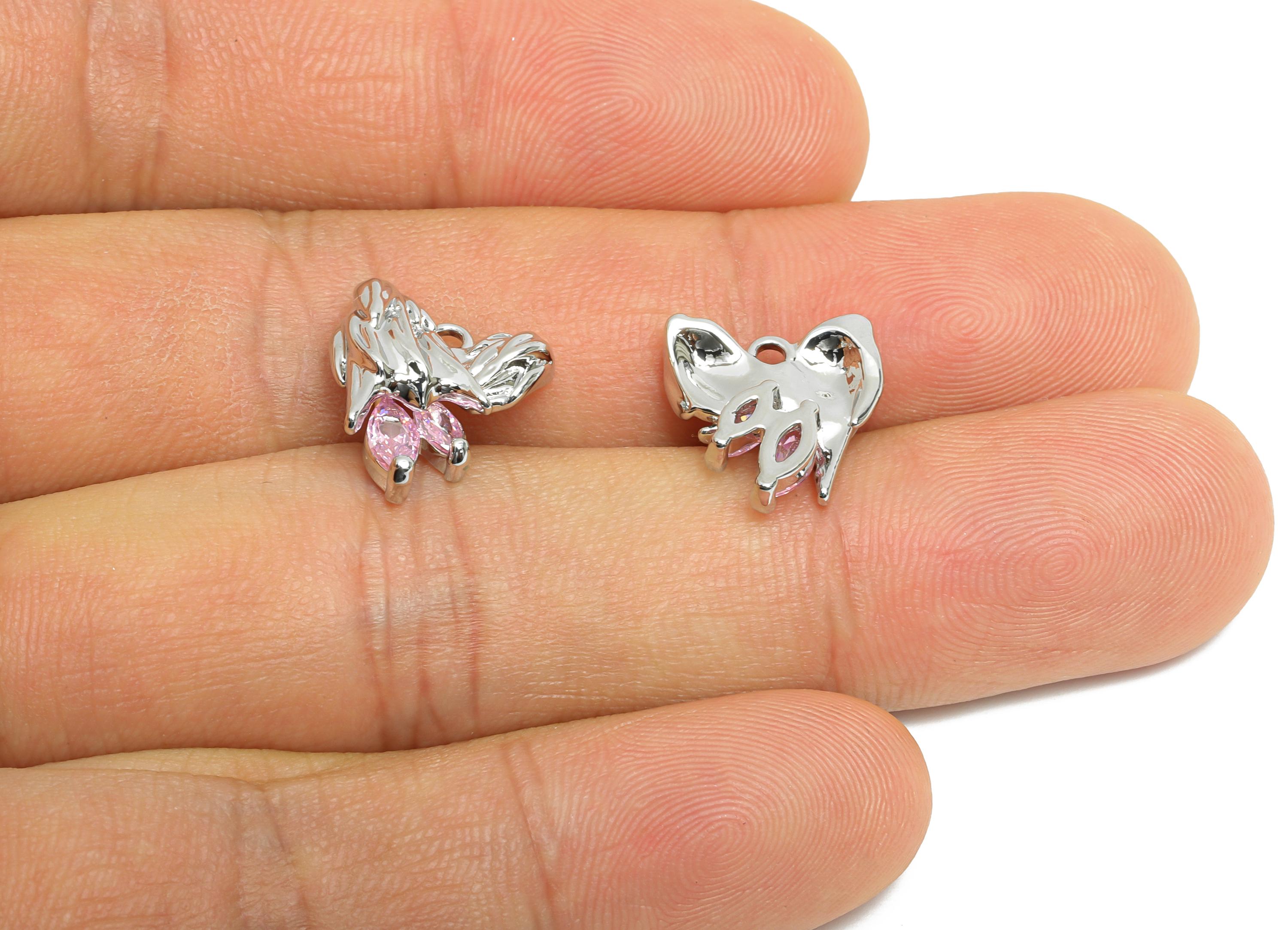 Brass CZ Floral Charm - Silver Zircon Textured Botanical Charm - Sparkling Jewelry - 18K Real White Gold Plated - 13.8x12.4x4.8mm - RGP9891S - DOMEDBAZAAR